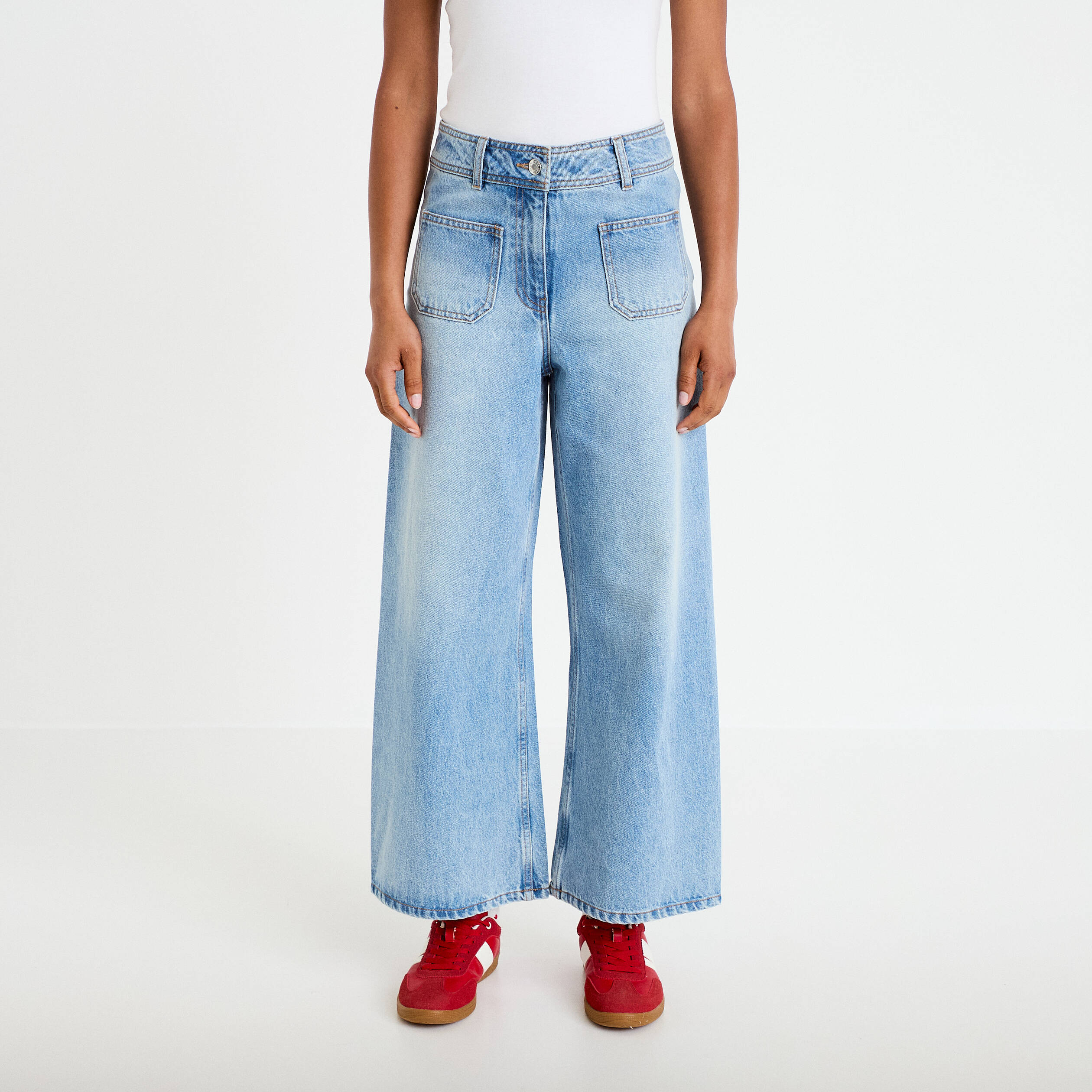 Jean wide leg cropped taille haute denim triple stone femme