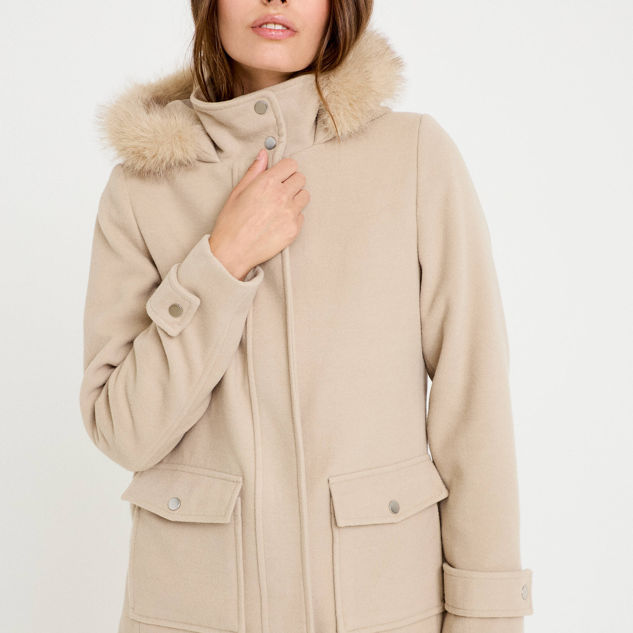 Manteau mi-long &agrave; capuche beige femme