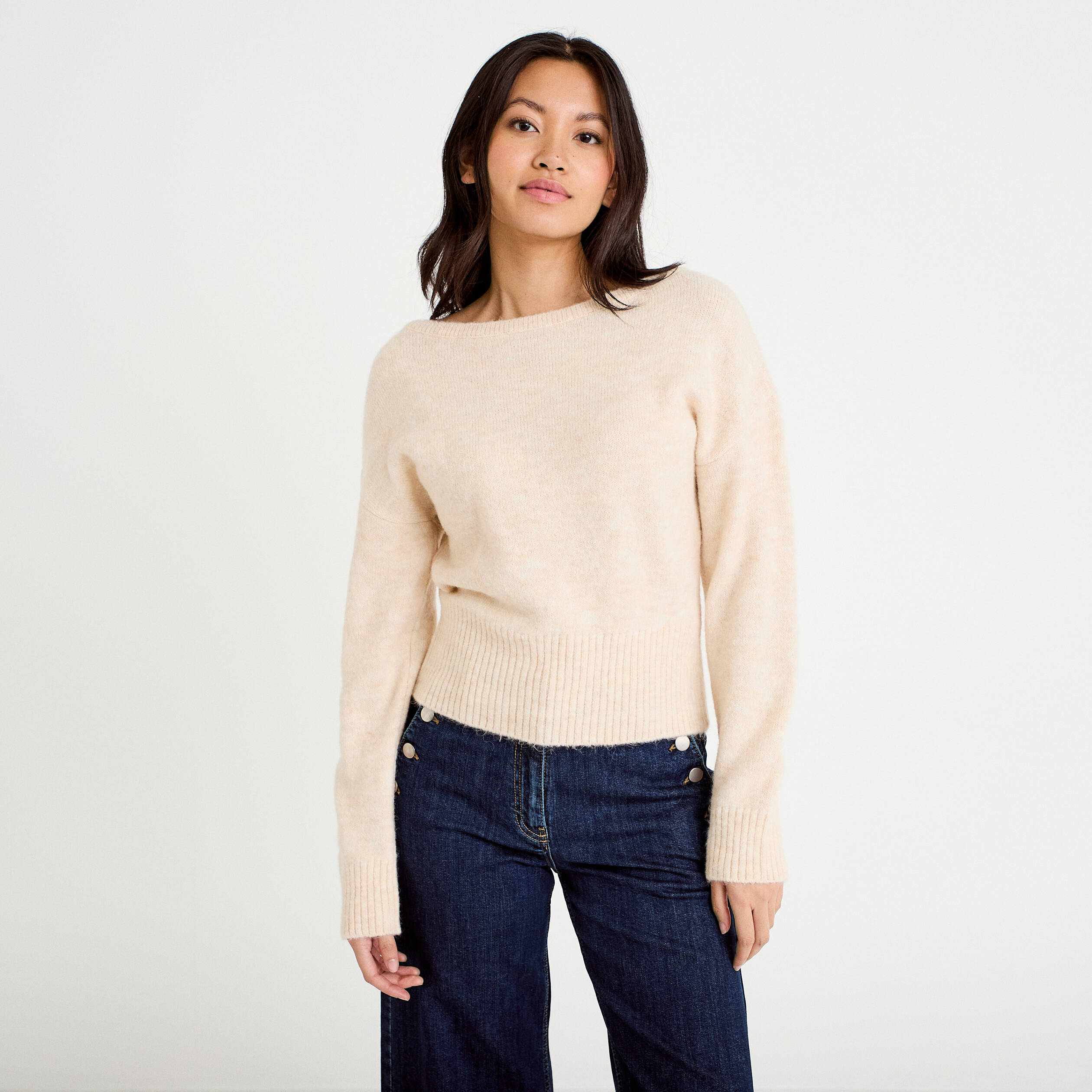 Pull col bateau beige femme