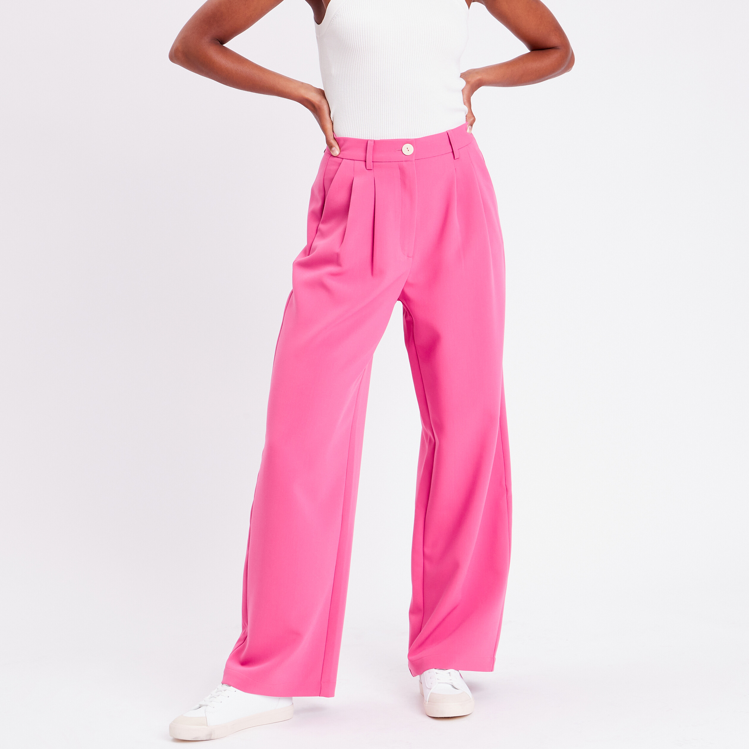 Pantalon large taille haute rose femme