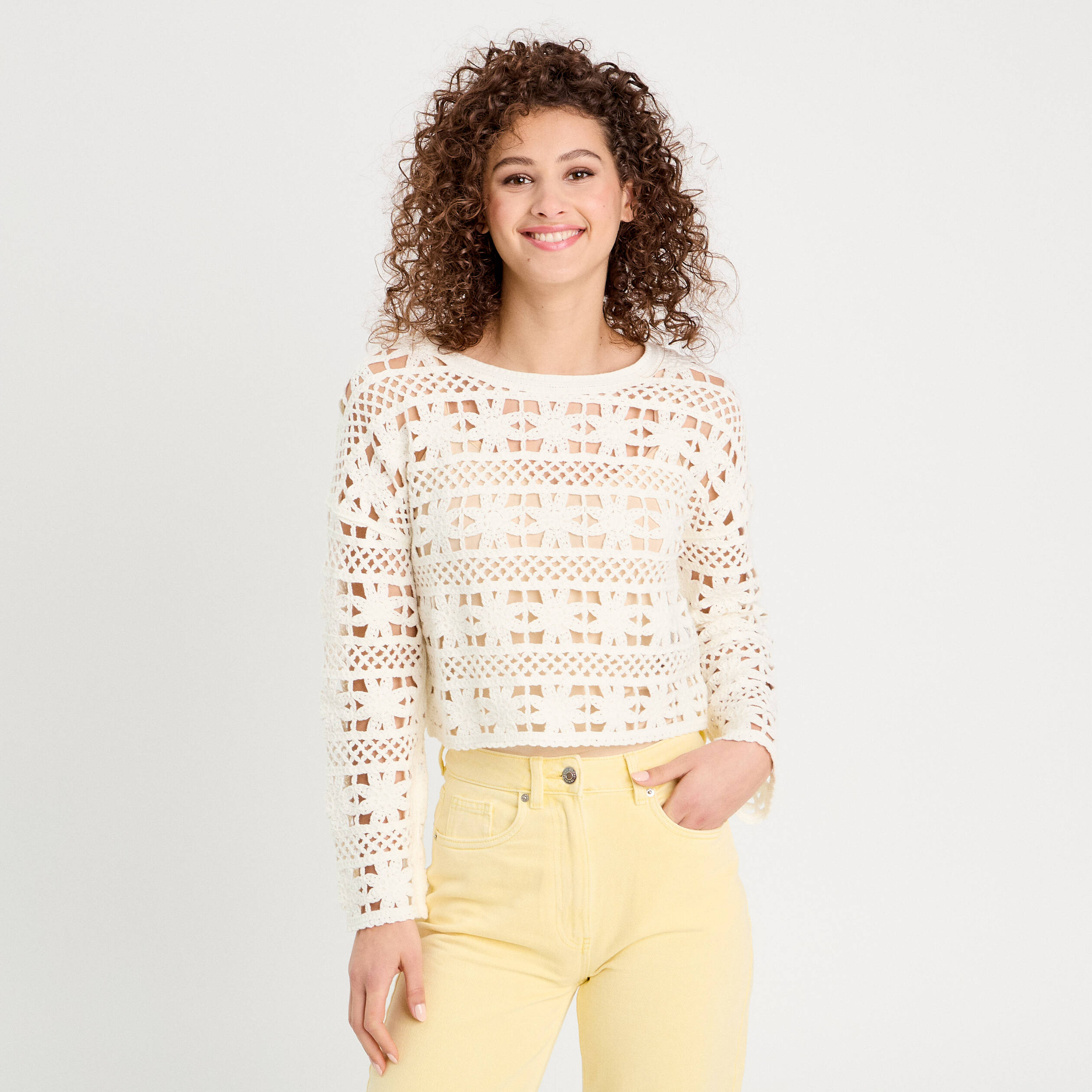 Pull ajour&eacute; effet crochet ecru femme