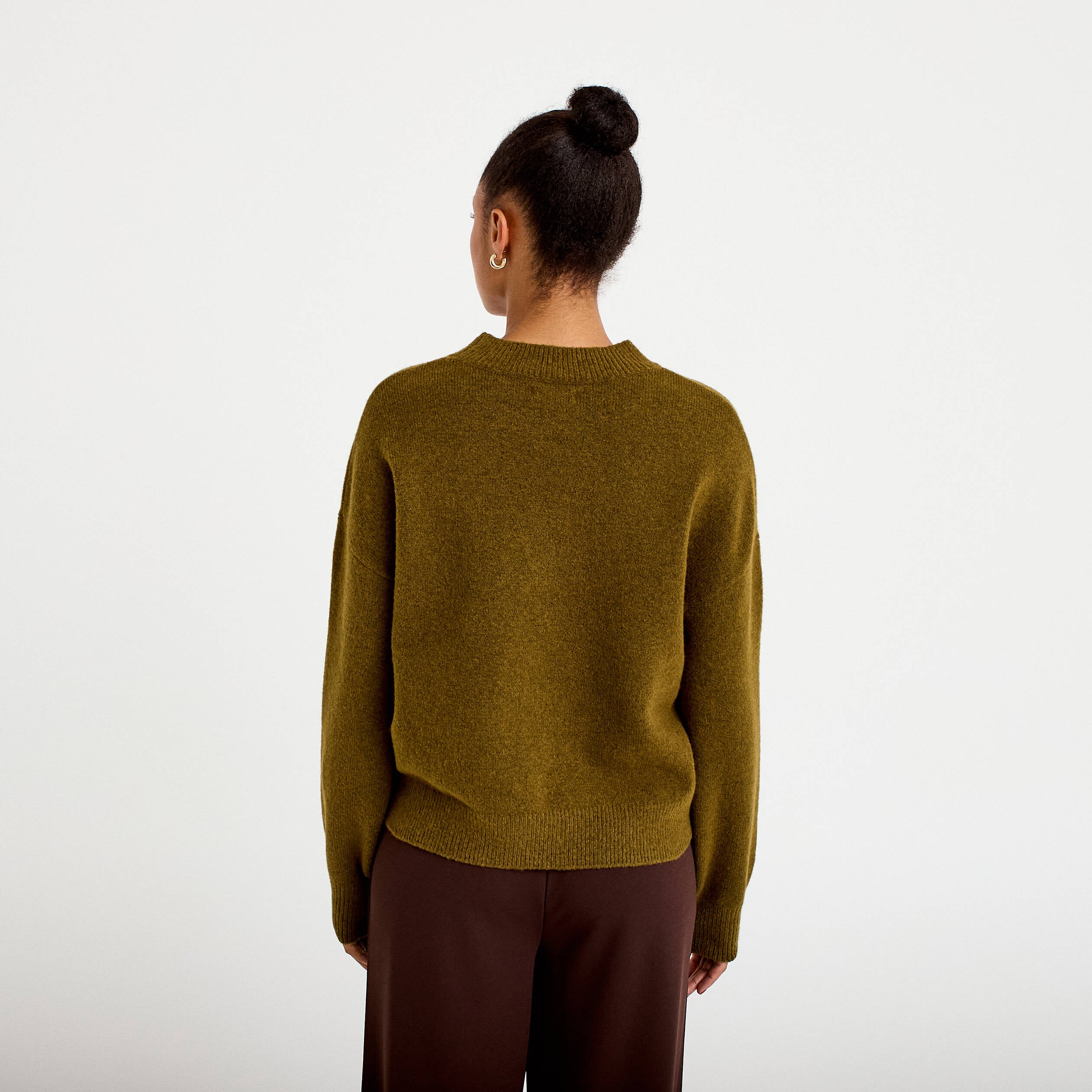 Pull col rond vert olive femme