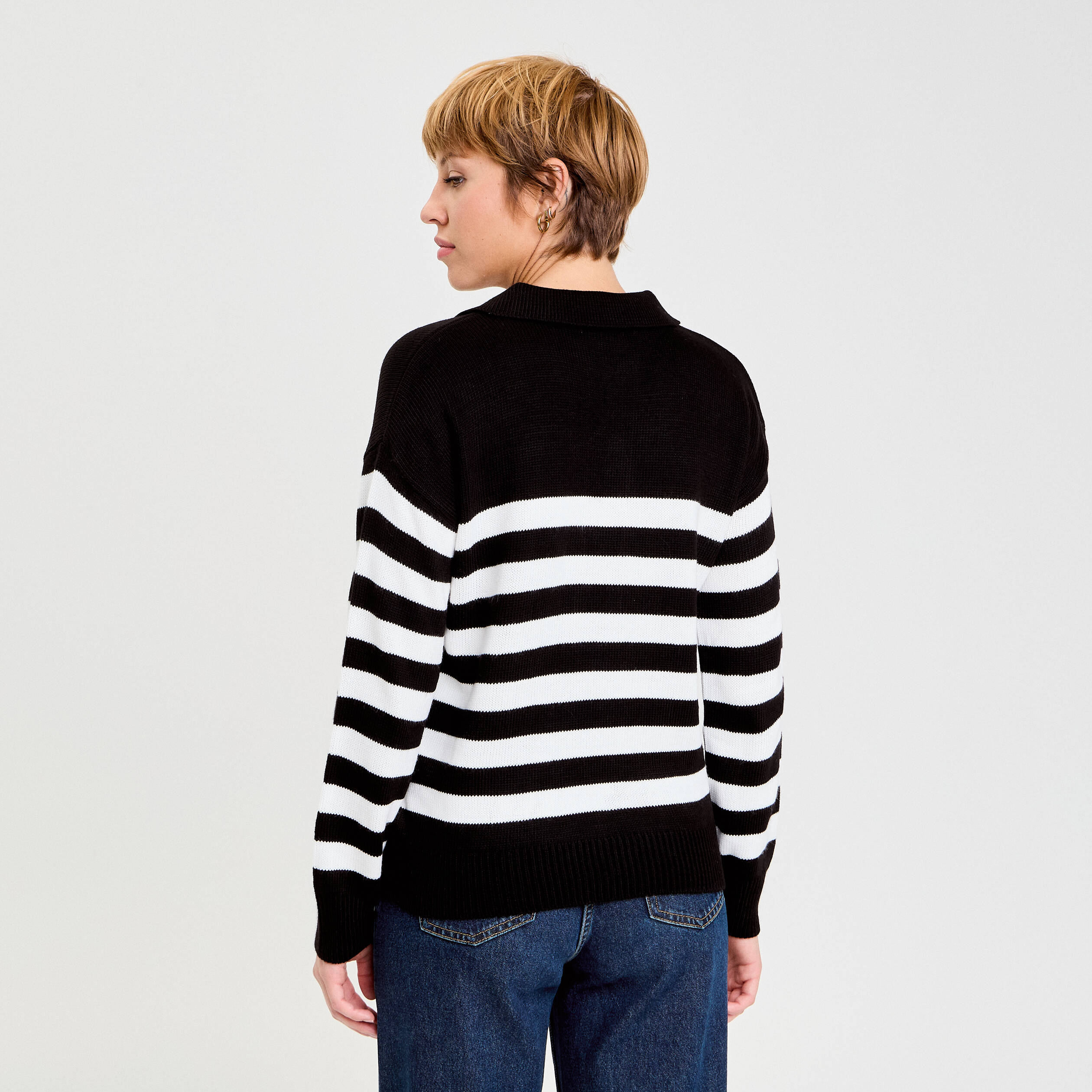 Pull col chemise manches longues noir femme