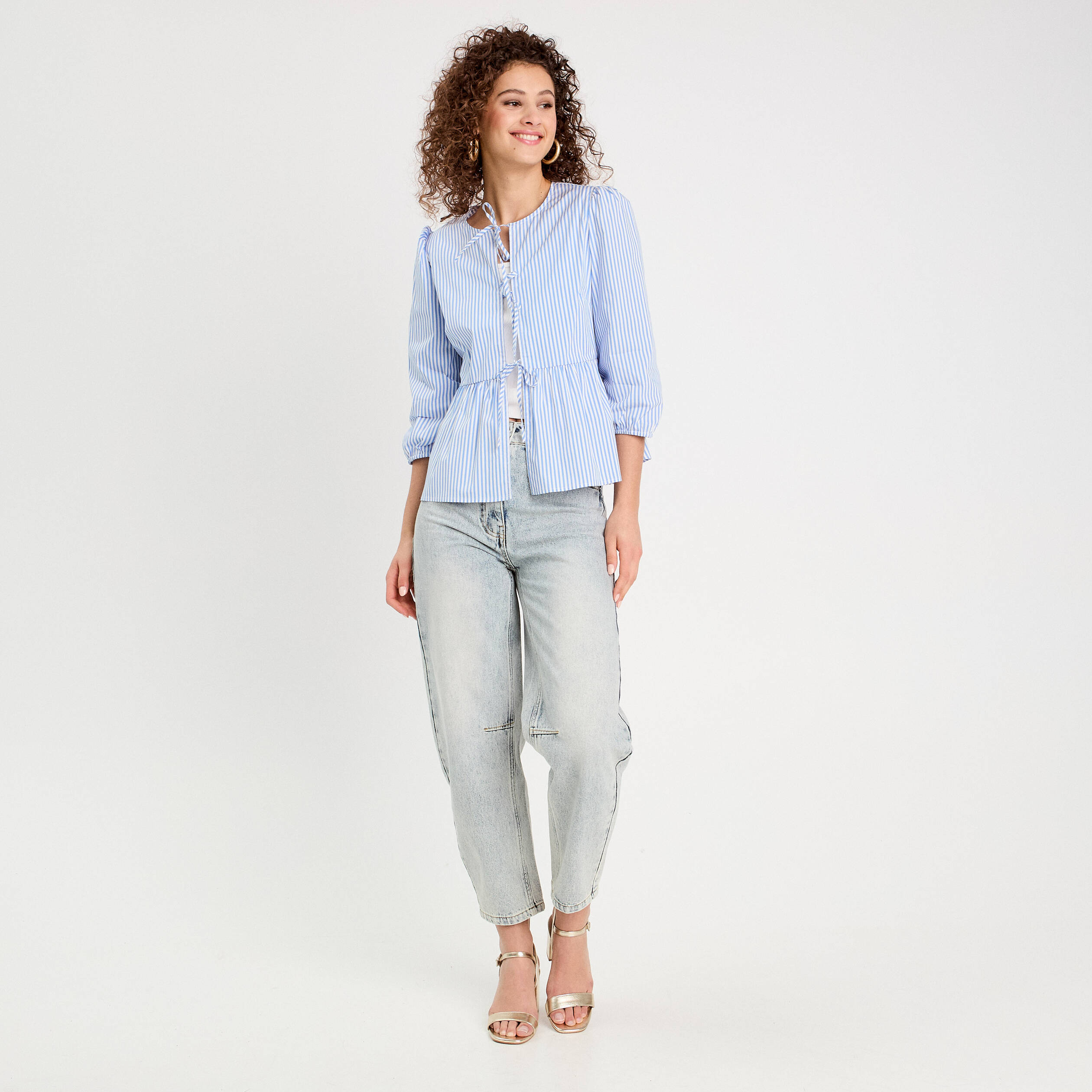 Blouse manches 3/4 nou&eacute;e bleu fonc&eacute; femme