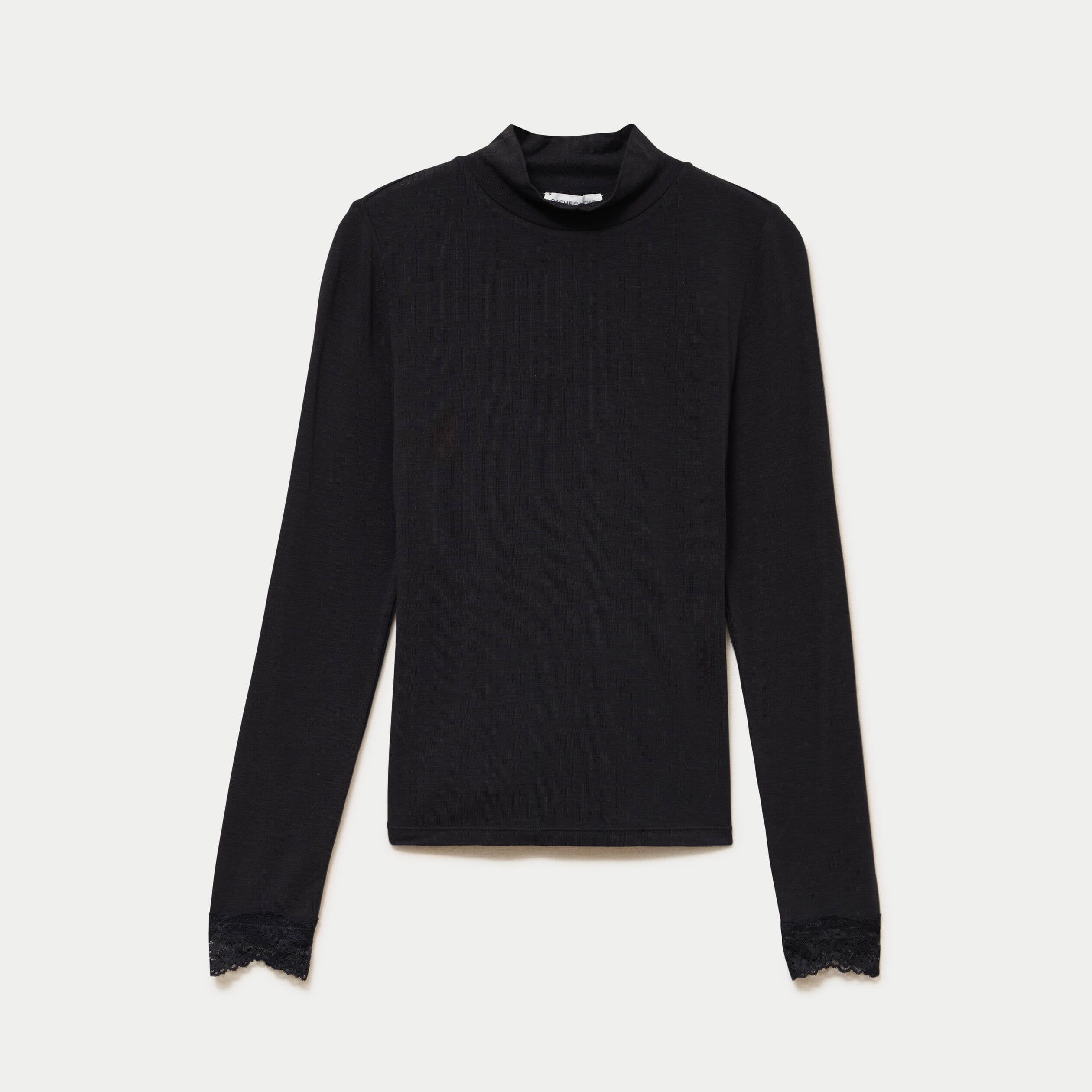 T-shirt ajust&eacute; col roul&eacute; dentelle noir femme