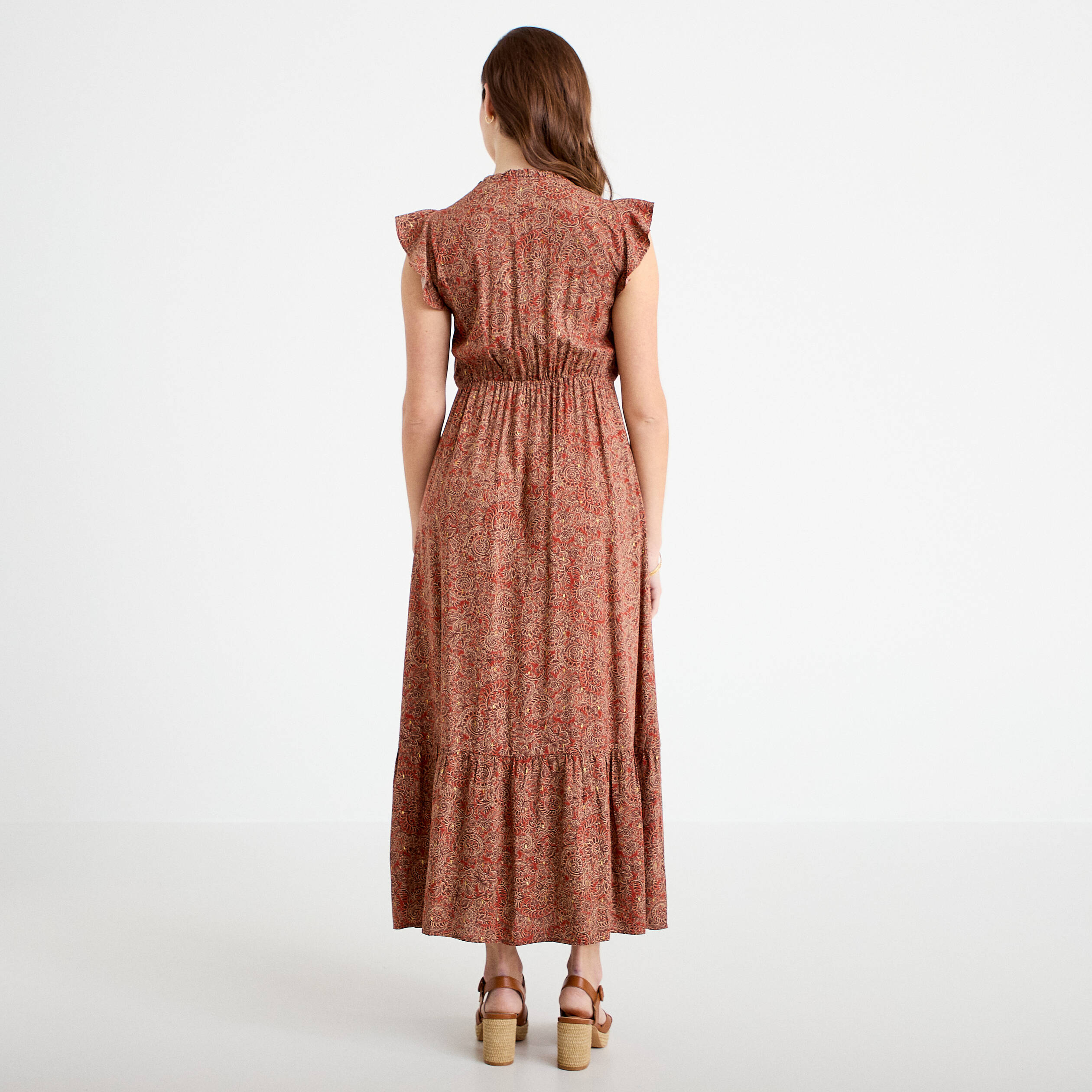 Robe longue &eacute;vas&eacute;e col v manches courtes rouge fonc&eacute; femme