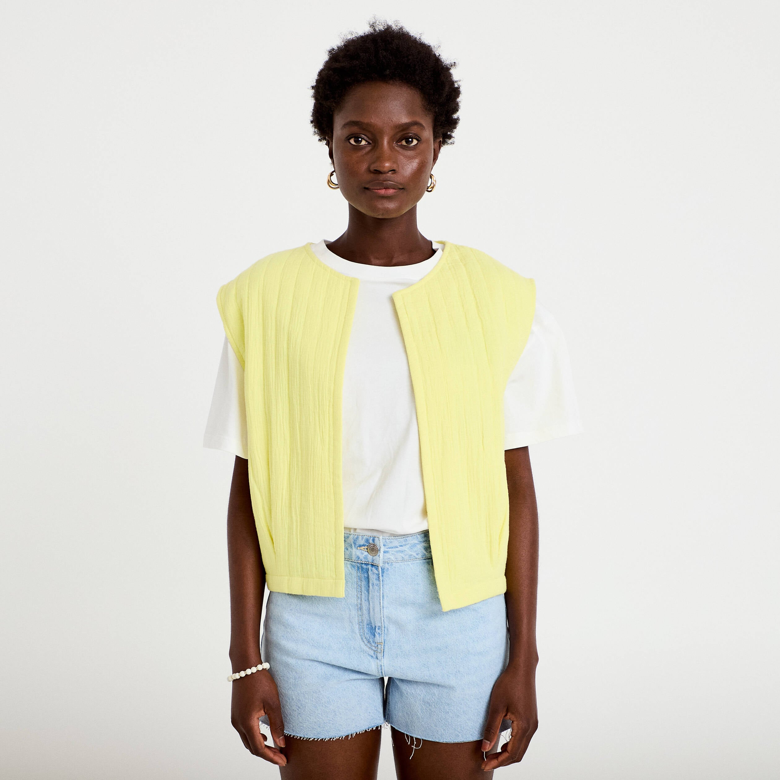 Gilet barman ample cropped pliss&eacute; jaune citron femme