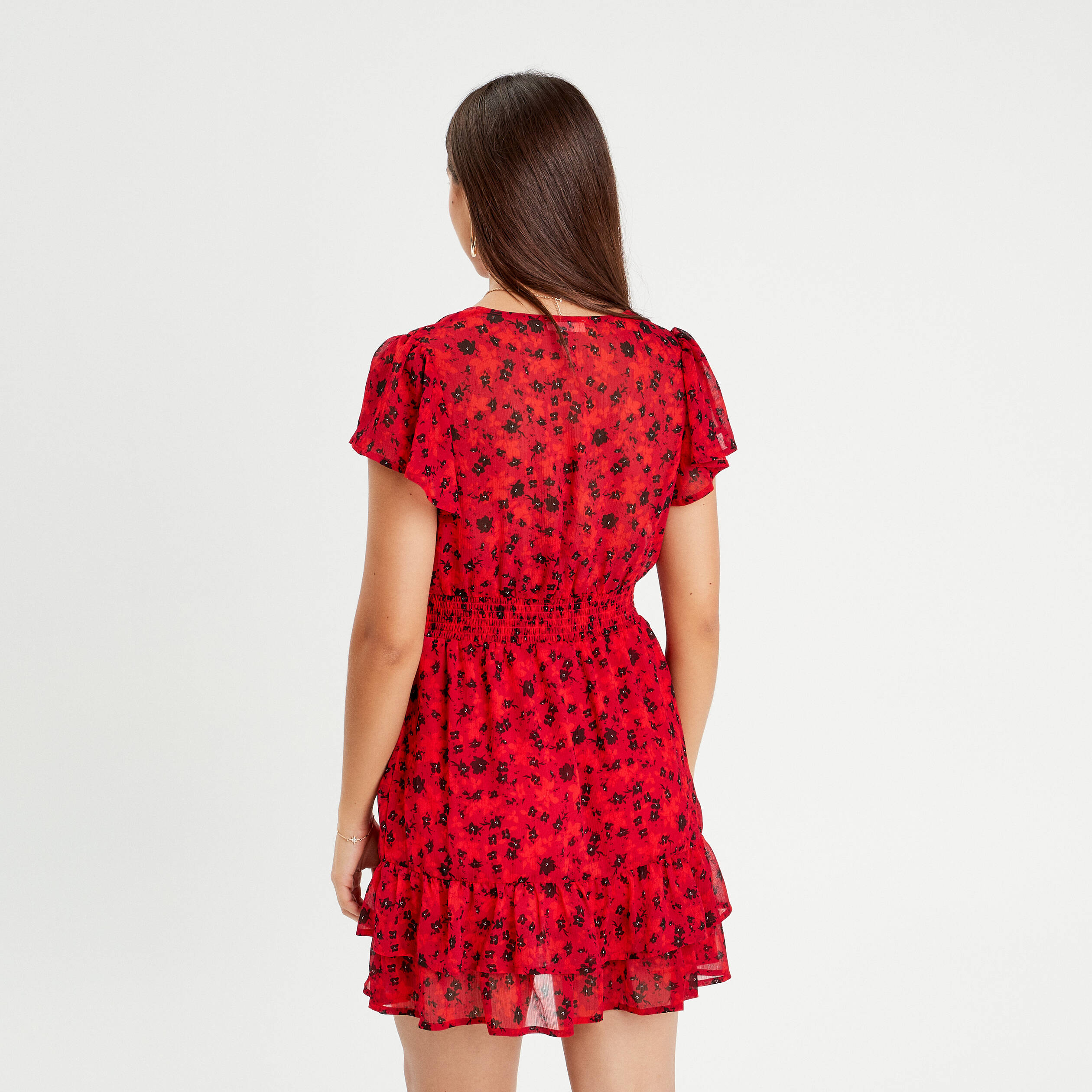 Robe &eacute;vas&eacute;e &agrave; volants rouge femme
