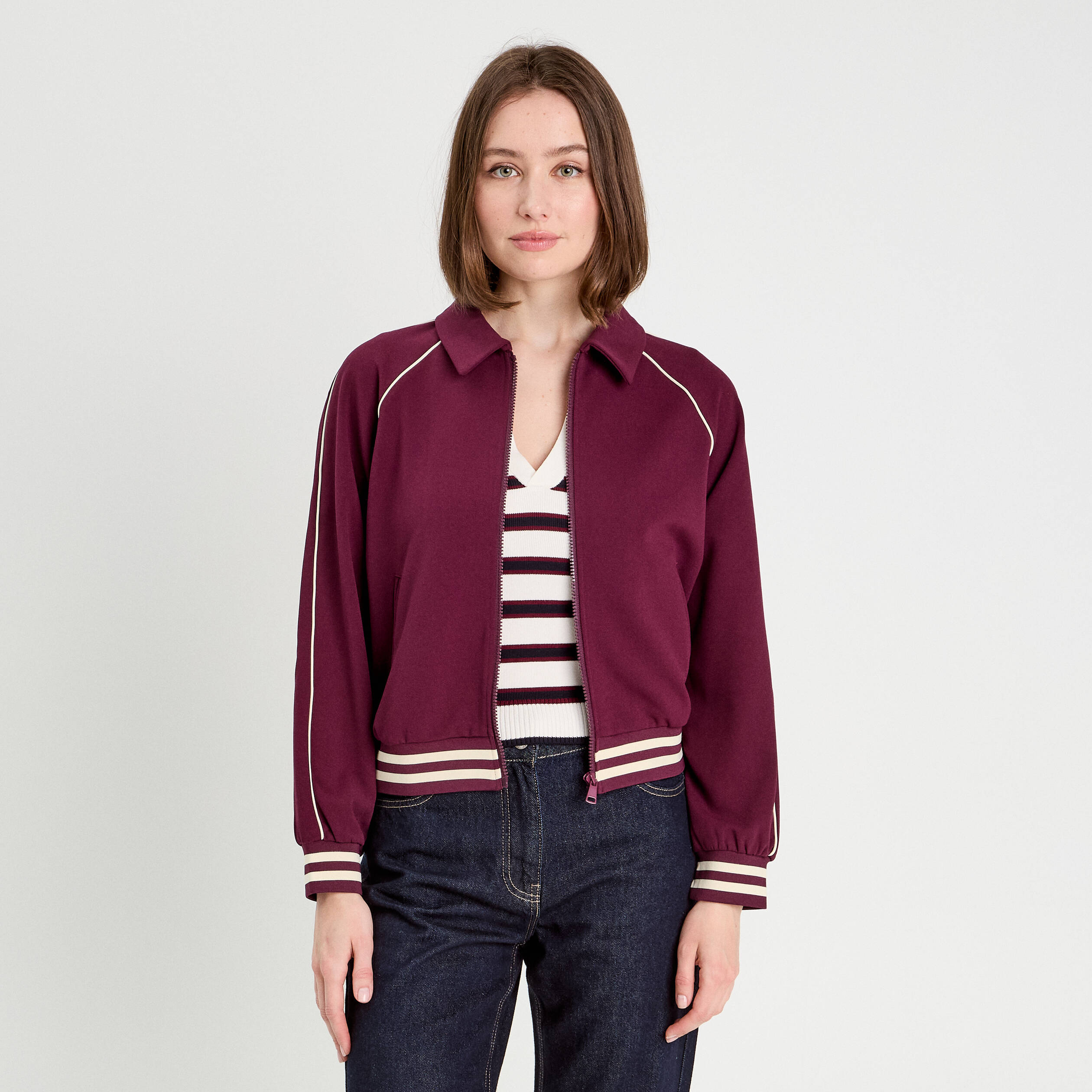 Sweat zippé manches longues prune femme