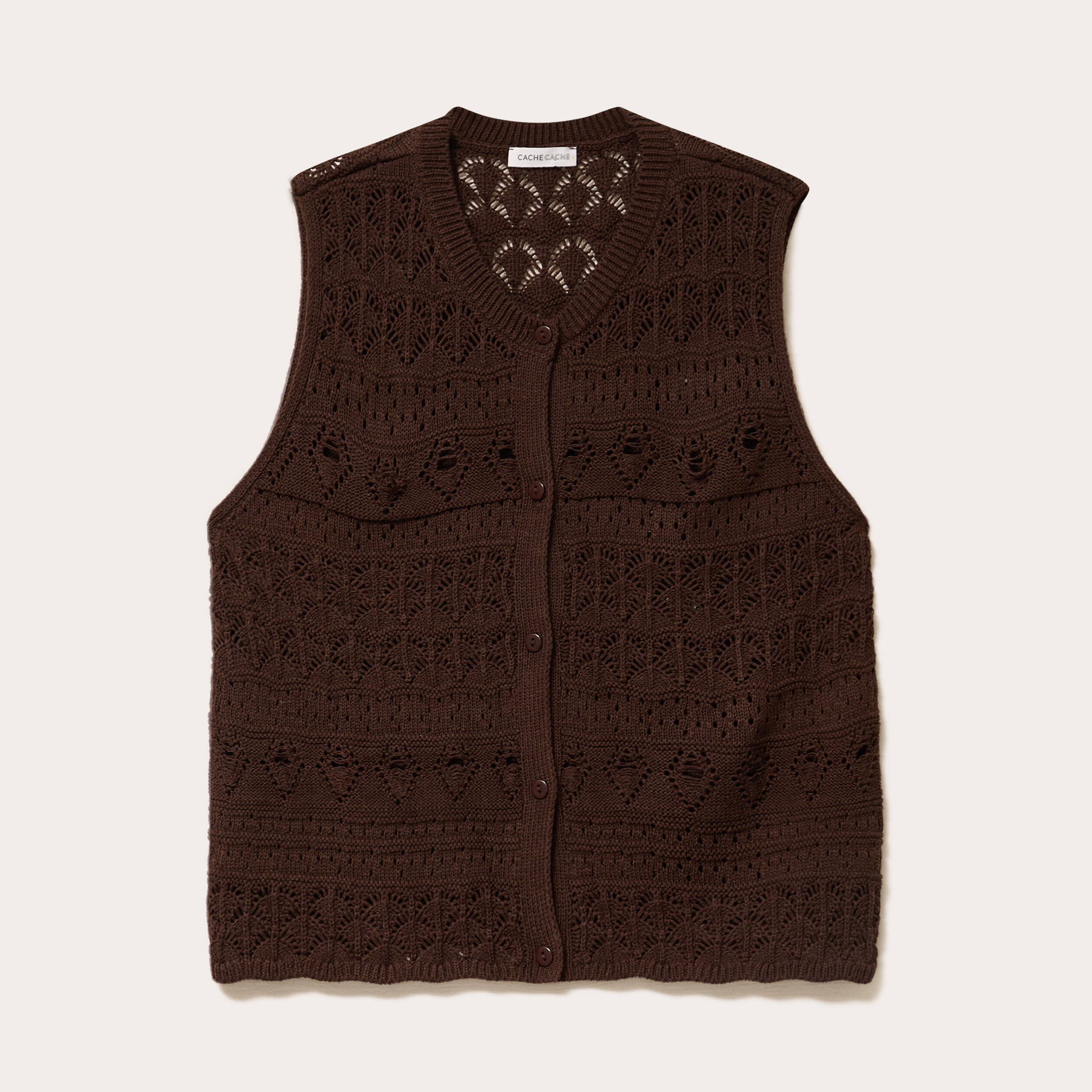 D&eacute;bardeur ajour&eacute; col rond marron fonc&eacute; femme