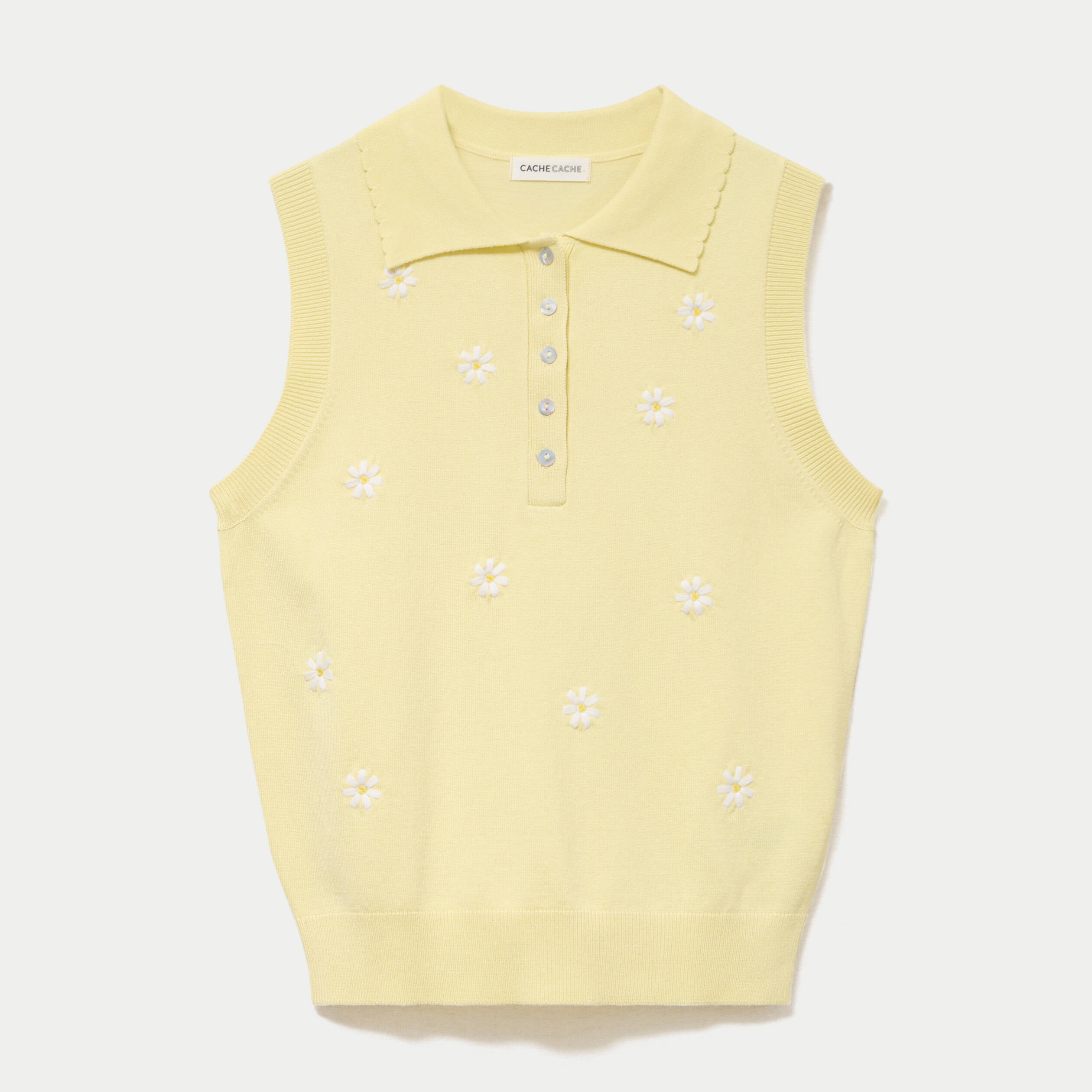 Polo sans manches col chemise brod&eacute; jaune clair femme