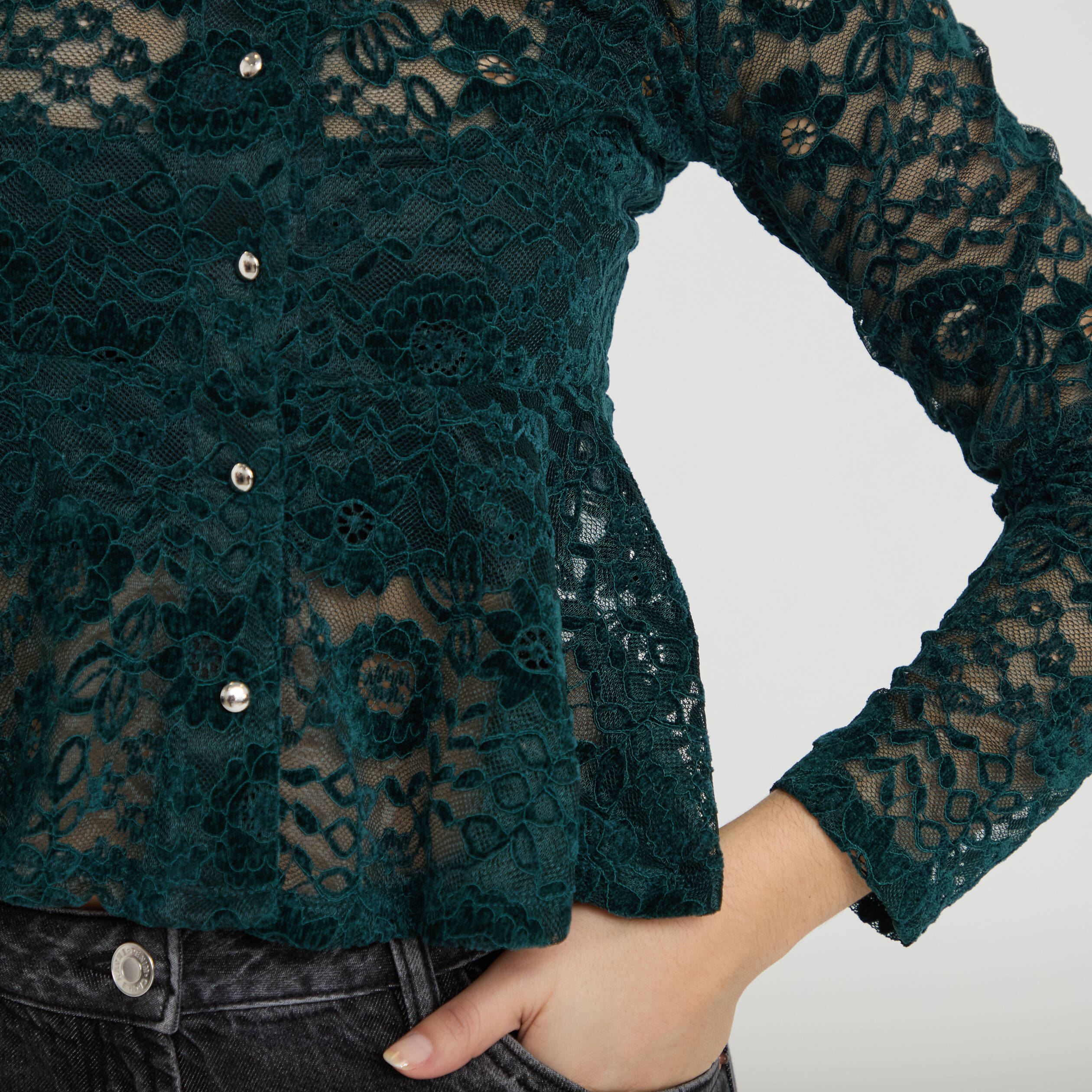 Blouse p&eacute;plum dentelle vert fonc&eacute; femme