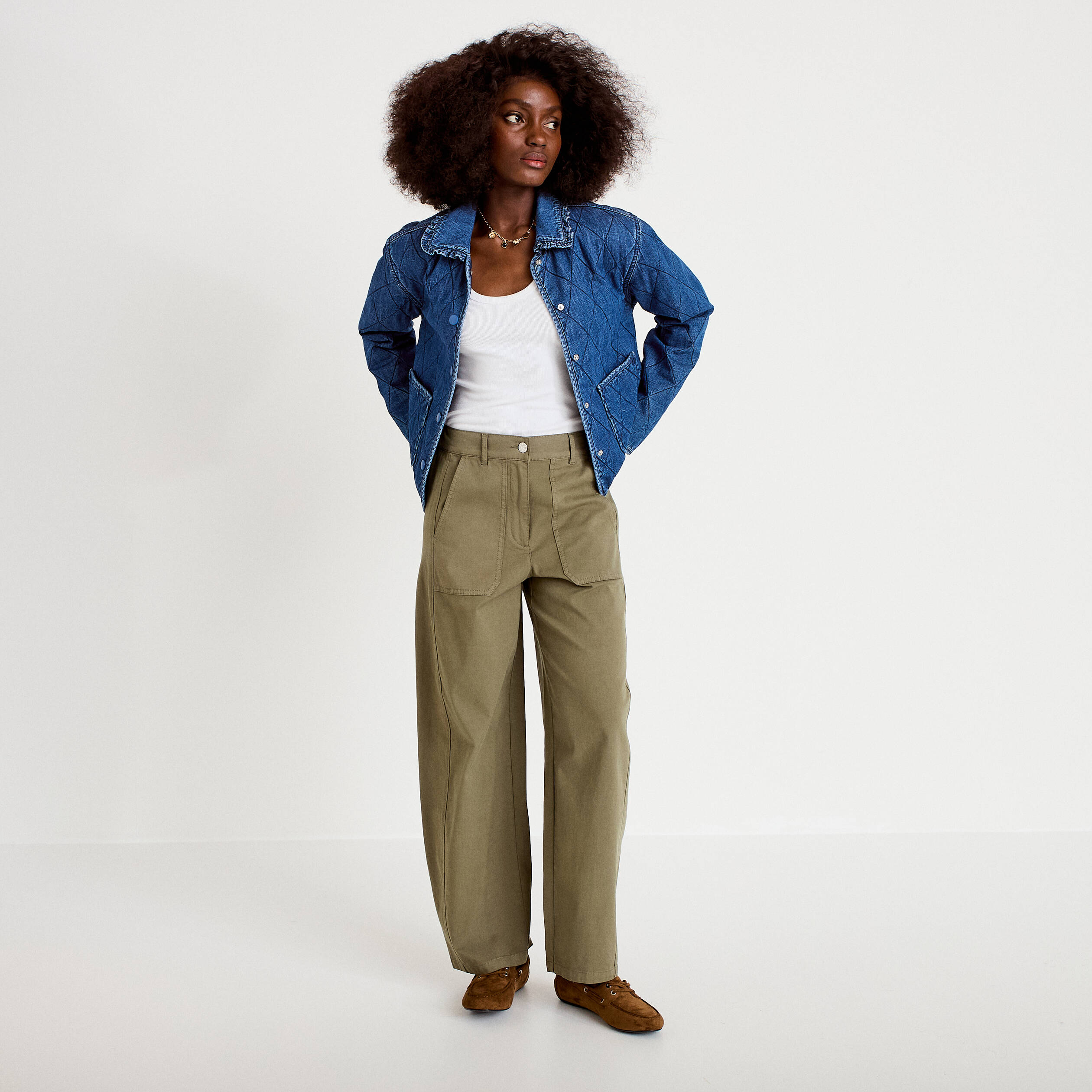 Pantalon barrel taille haute vert kaki femme