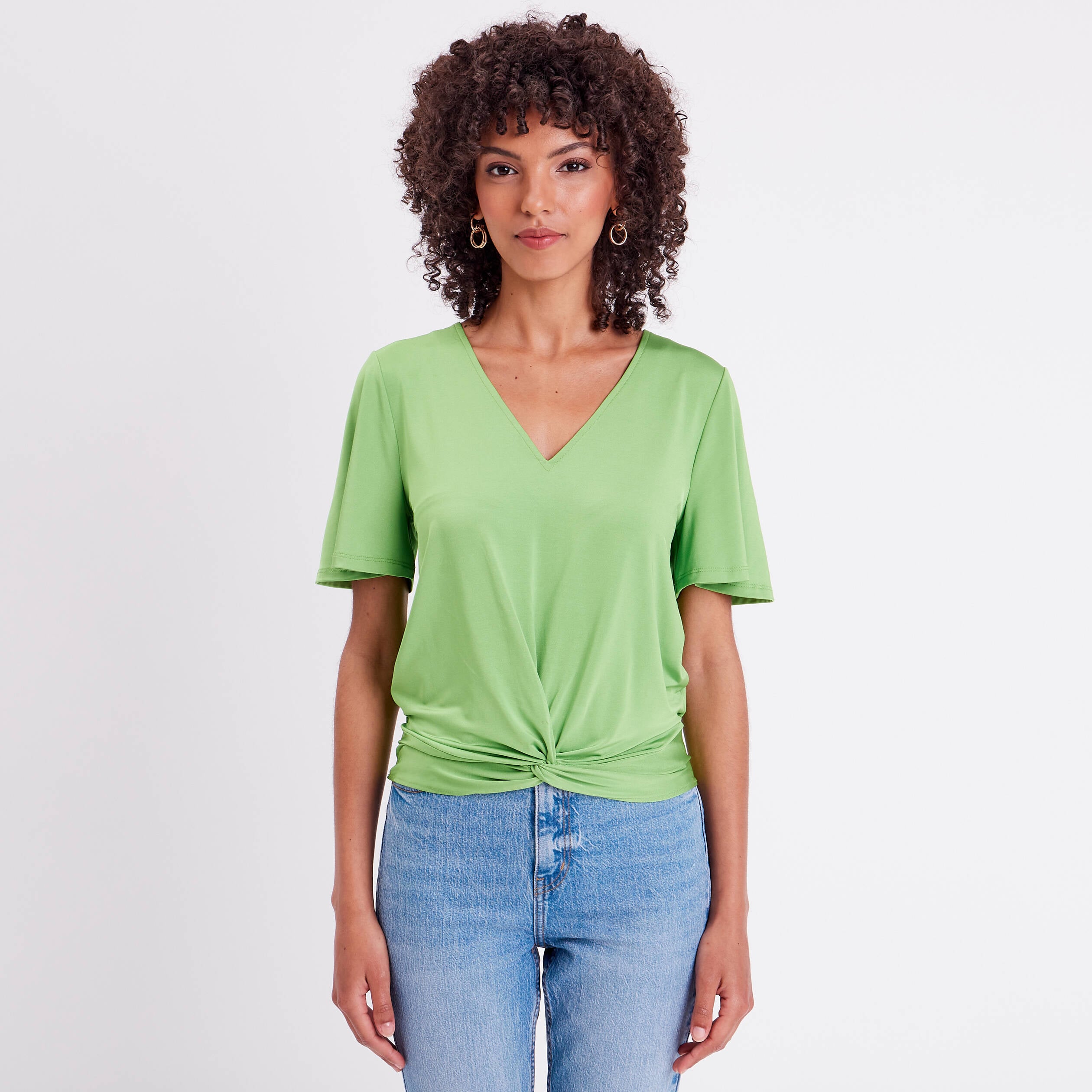 Blouse satin taille nou&eacute;e vert femme