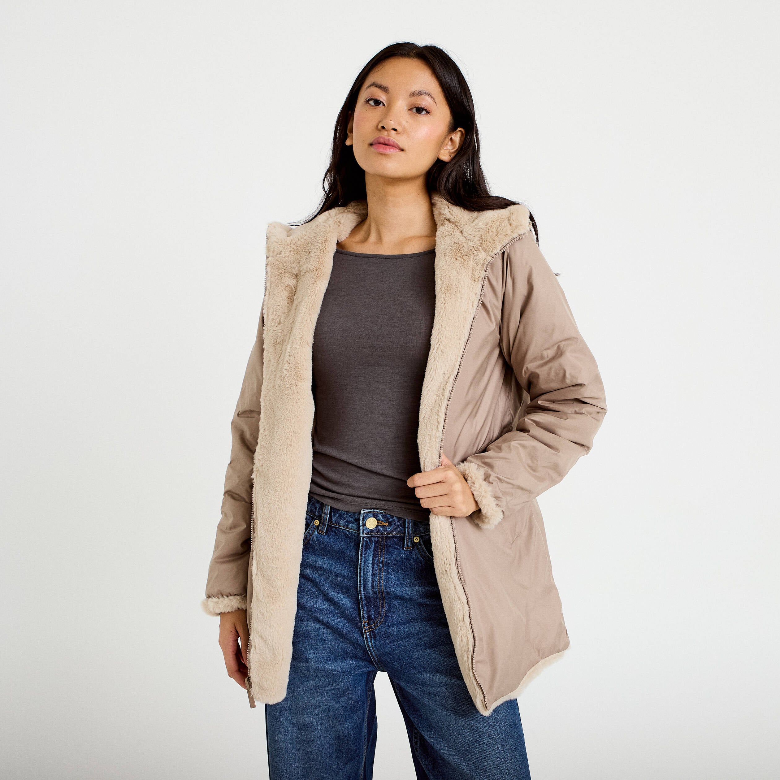 Parka r&eacute;versible 3/4 &agrave; capuche beige femme