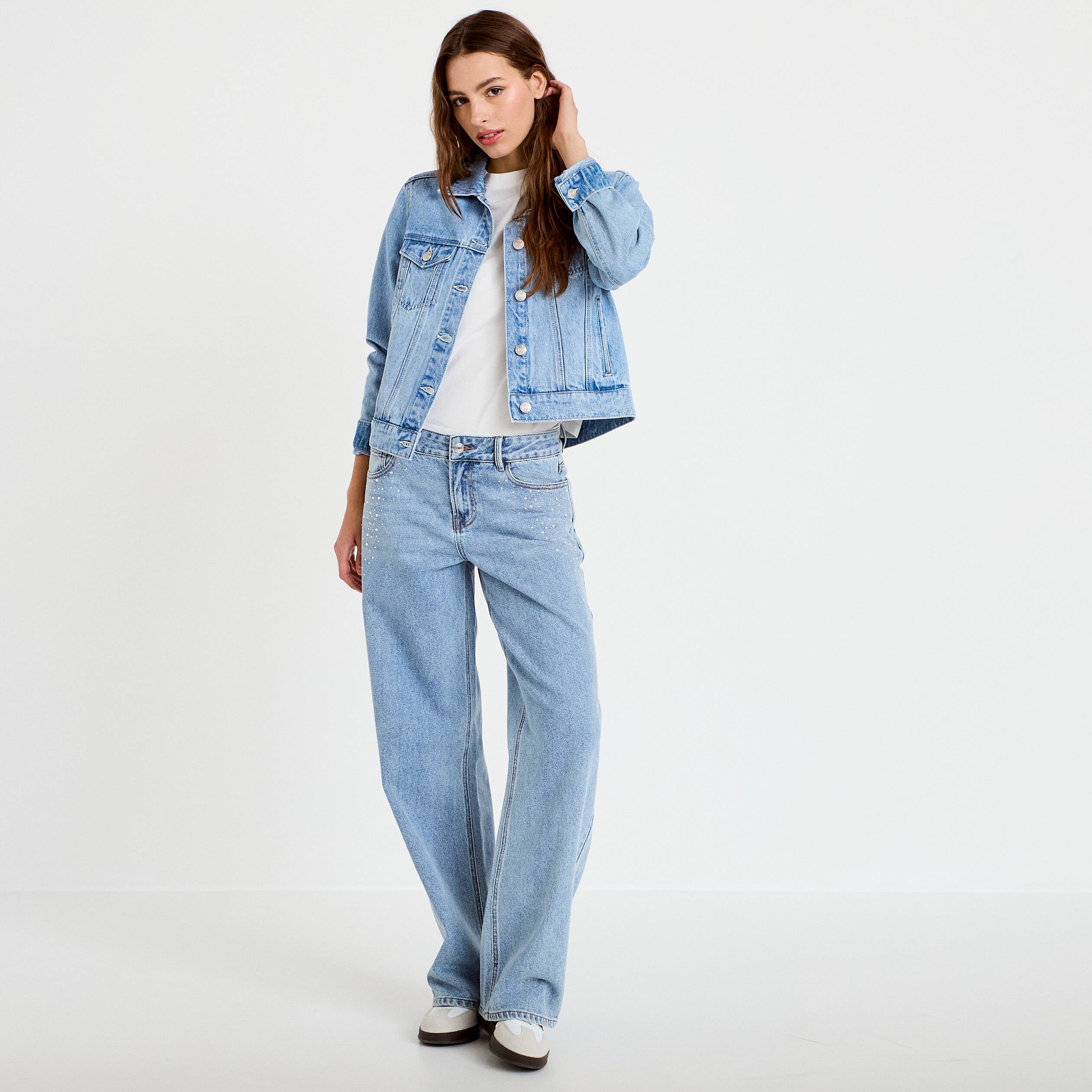 Jean wide leg taille basse strass denim triple stone femme