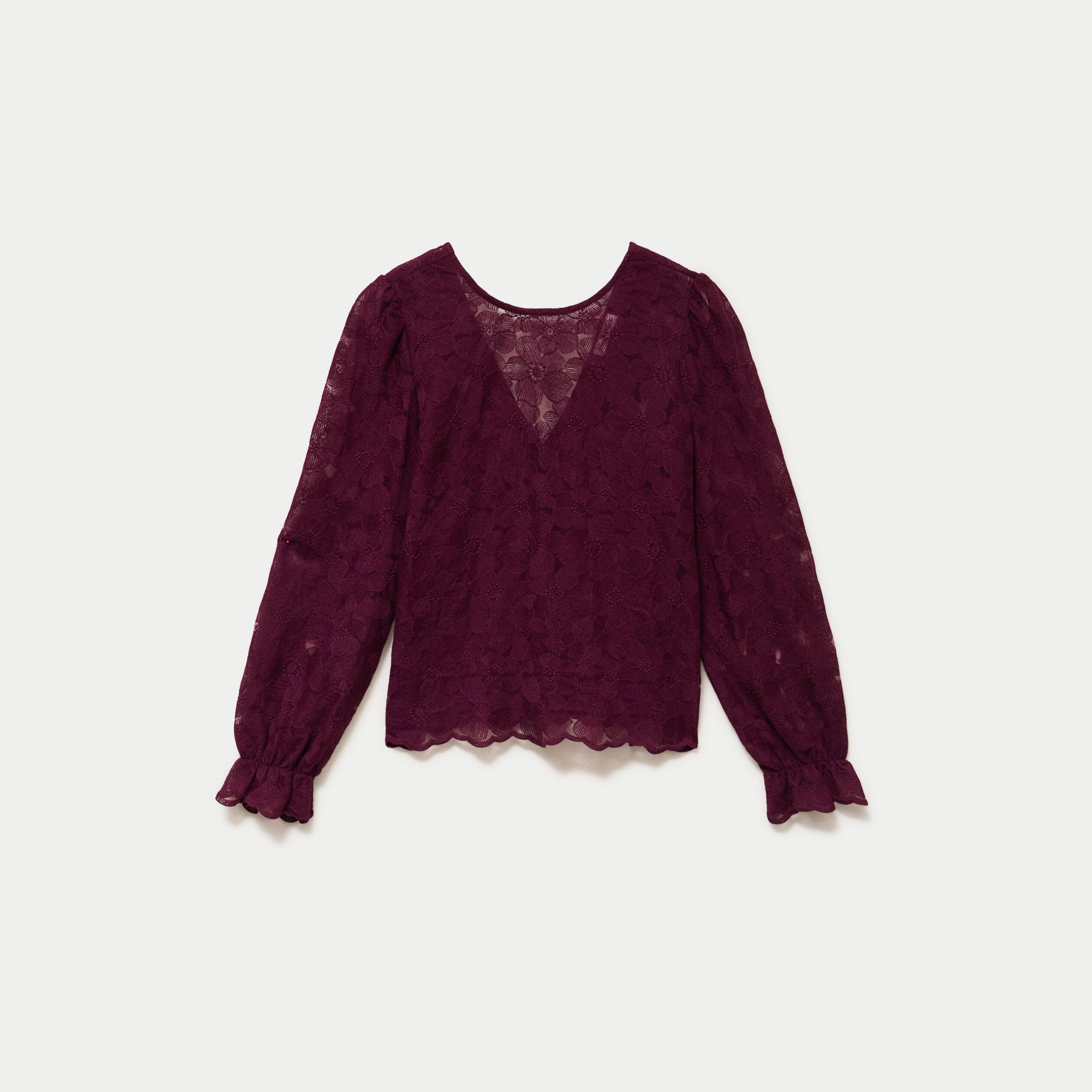 Blouse droite col v en dentelle prune femme