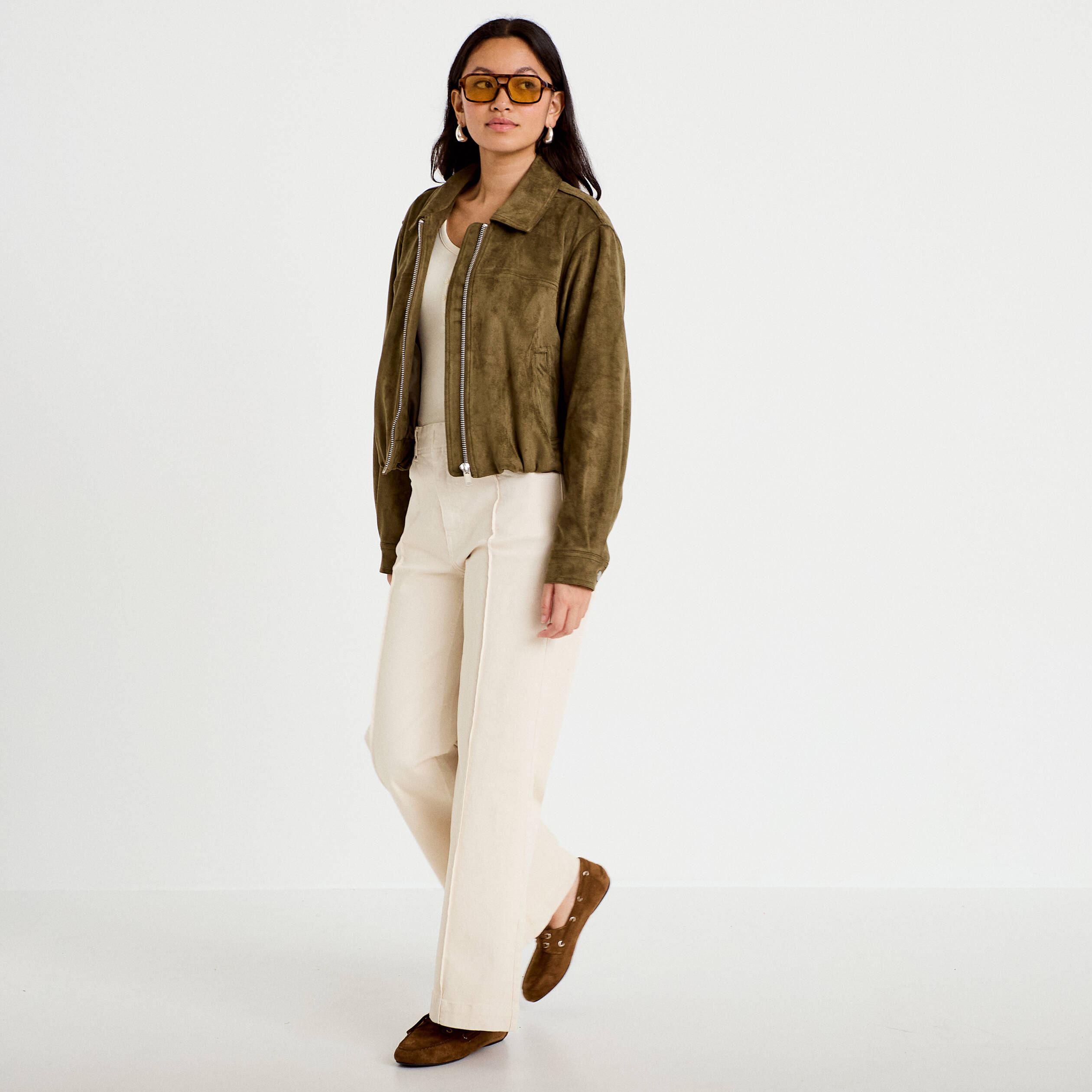 Veste effet boule oversize cropped vert kaki femme