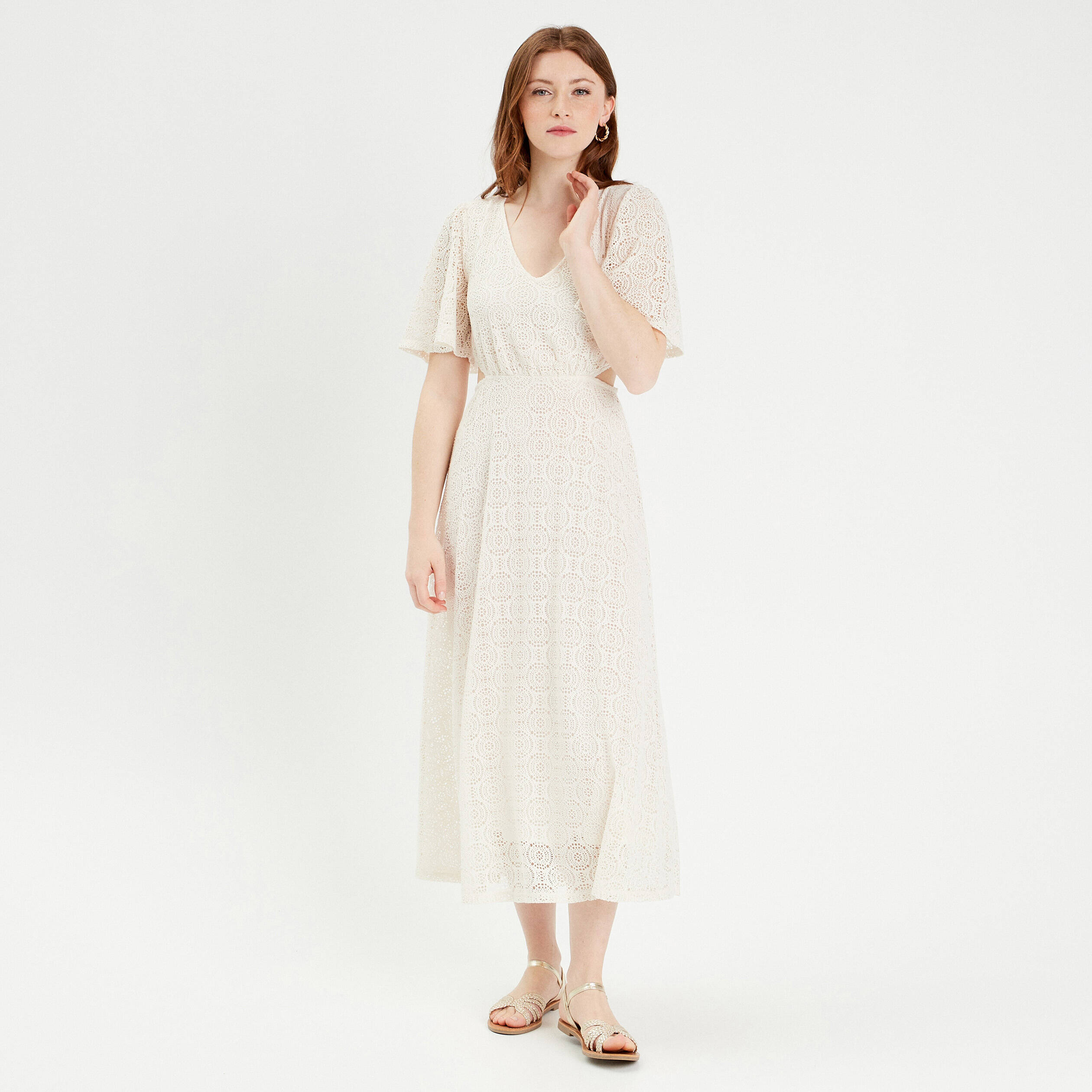 Robe longue &eacute;vas&eacute;e dentelle ecru femme