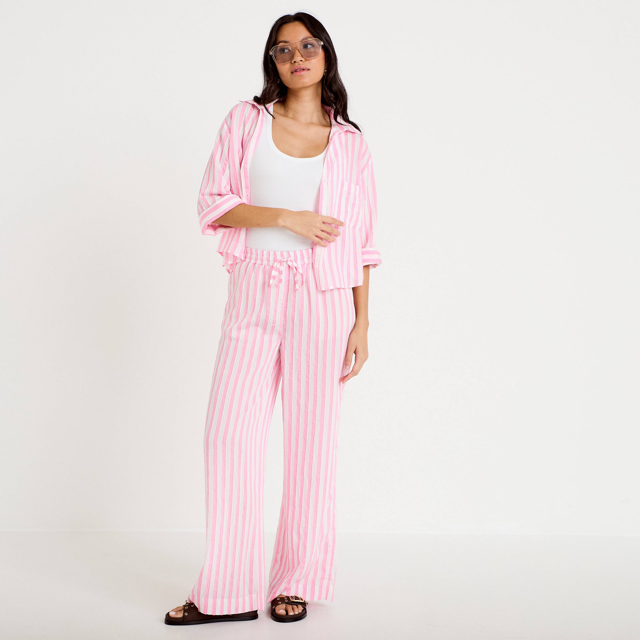 Pantalon large fluide taille standard rose femme