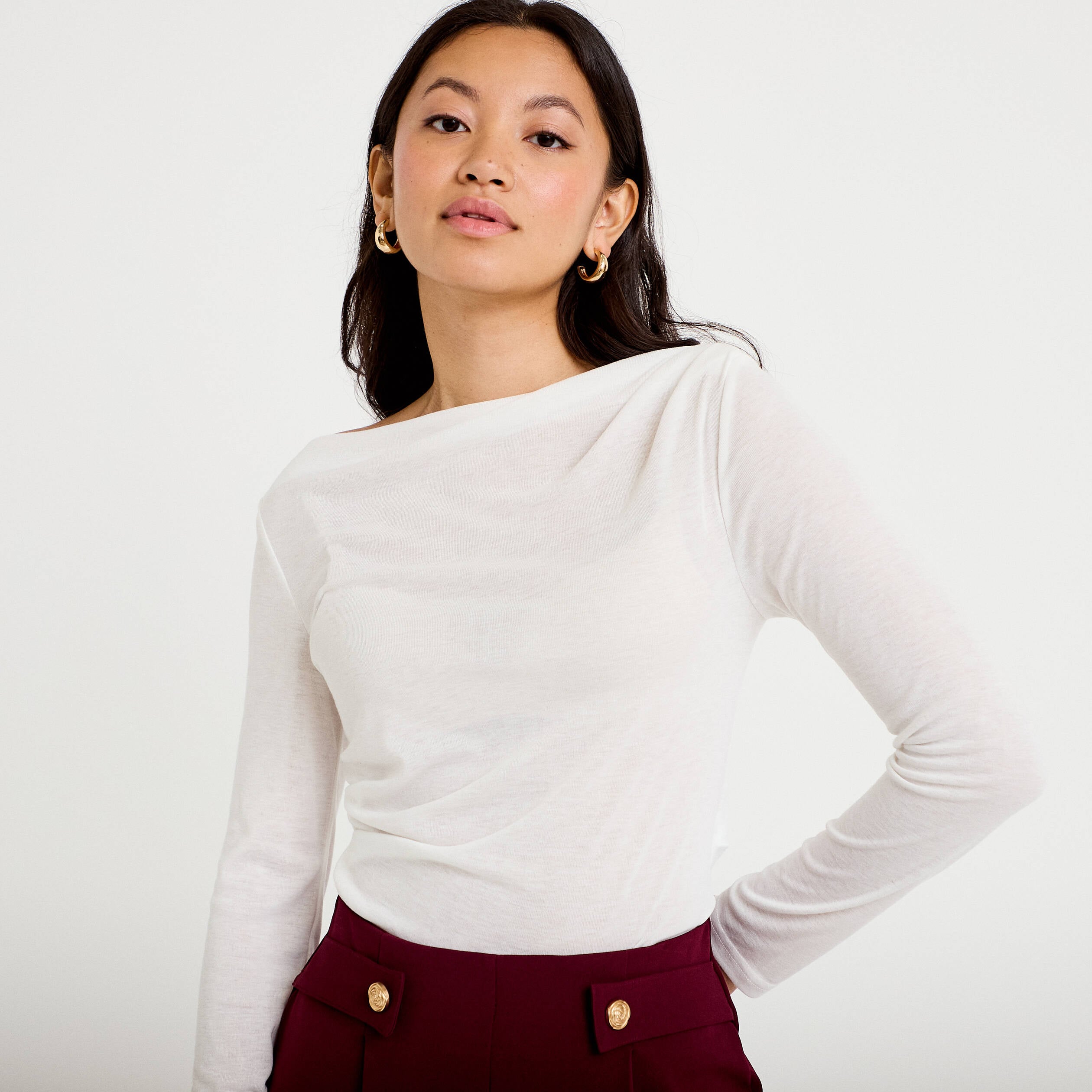 T-shirt col b&eacute;nitier manches longues ecru femme