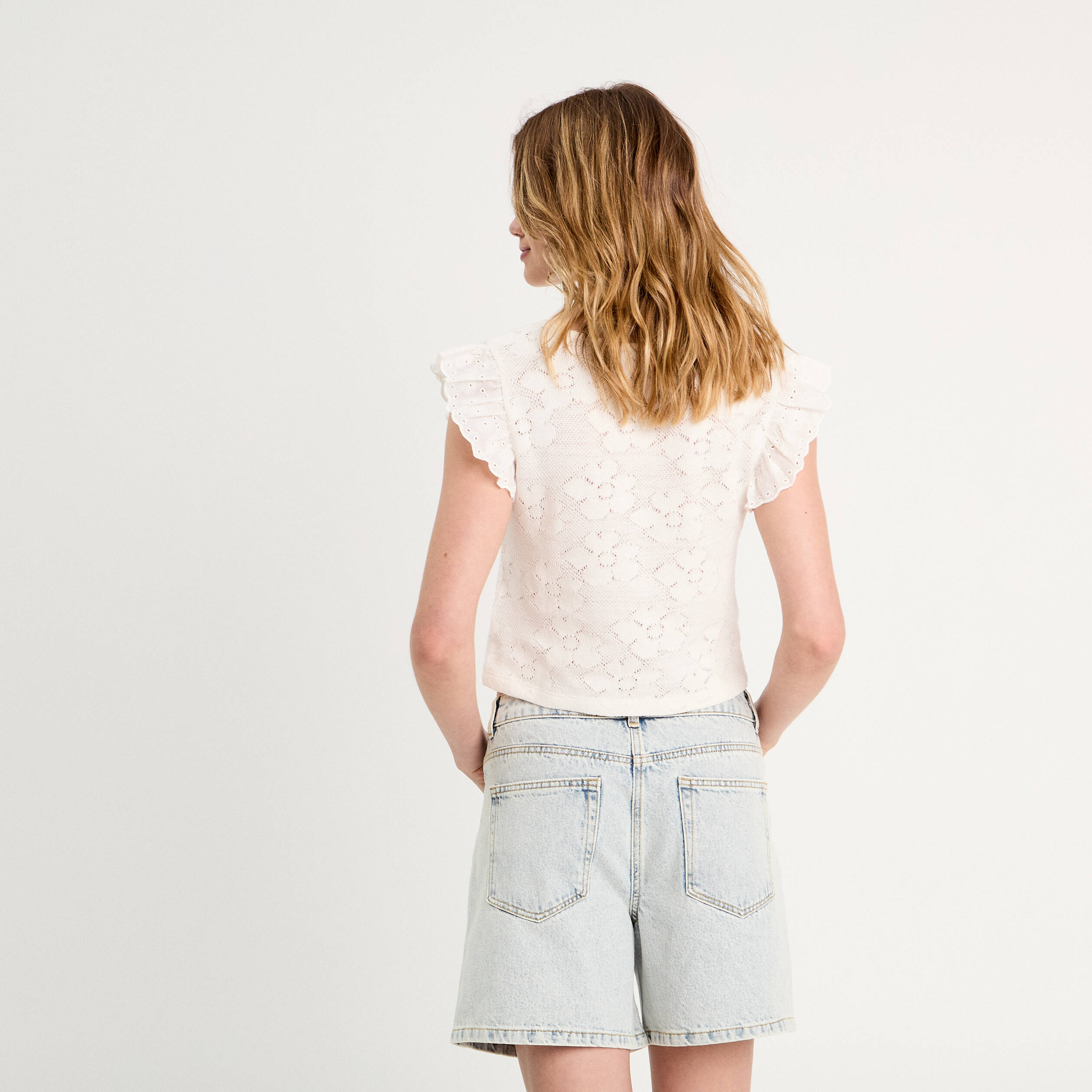 T-shirt manches volants ecru femme
