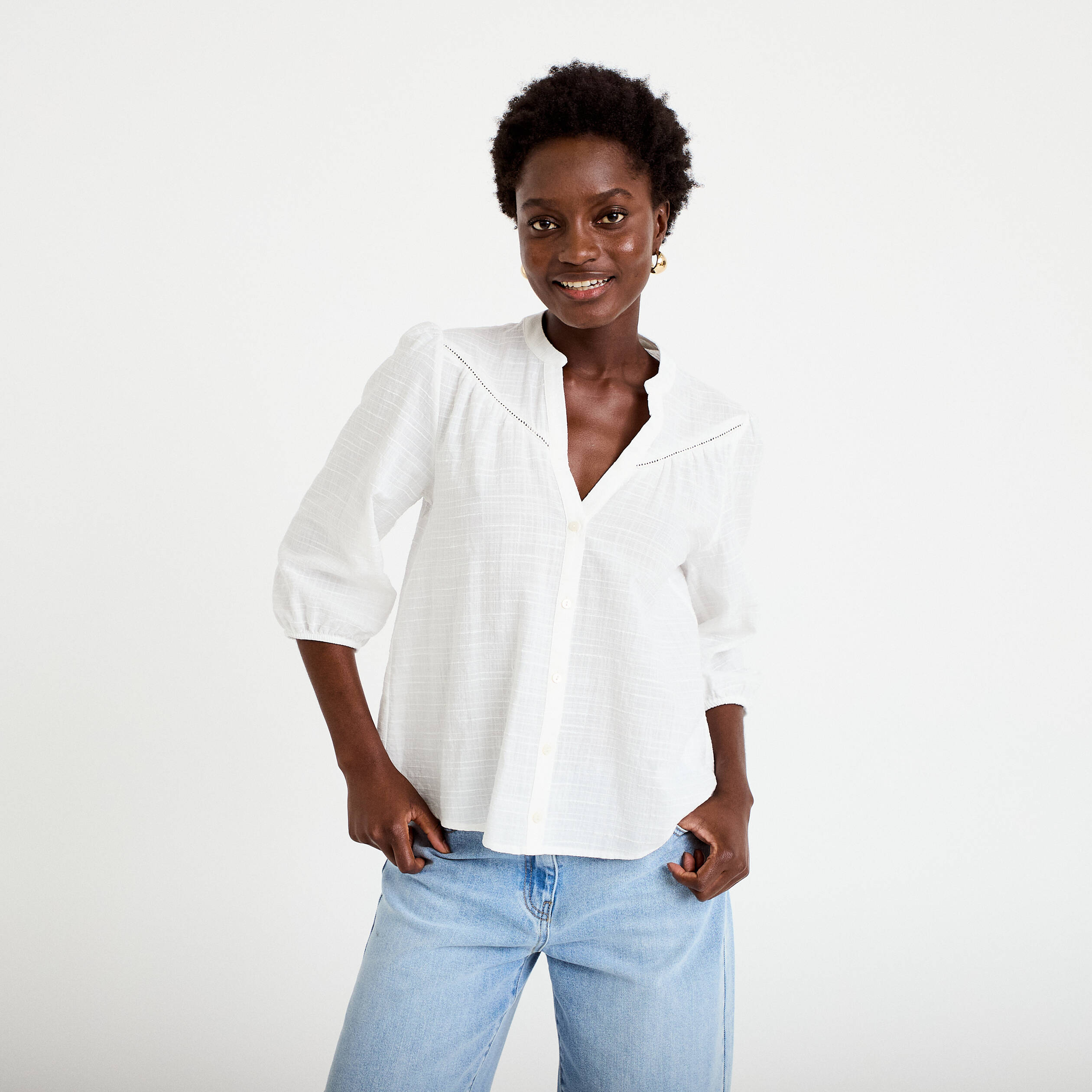 Blouse ample col v manches 3/4 ecru femme