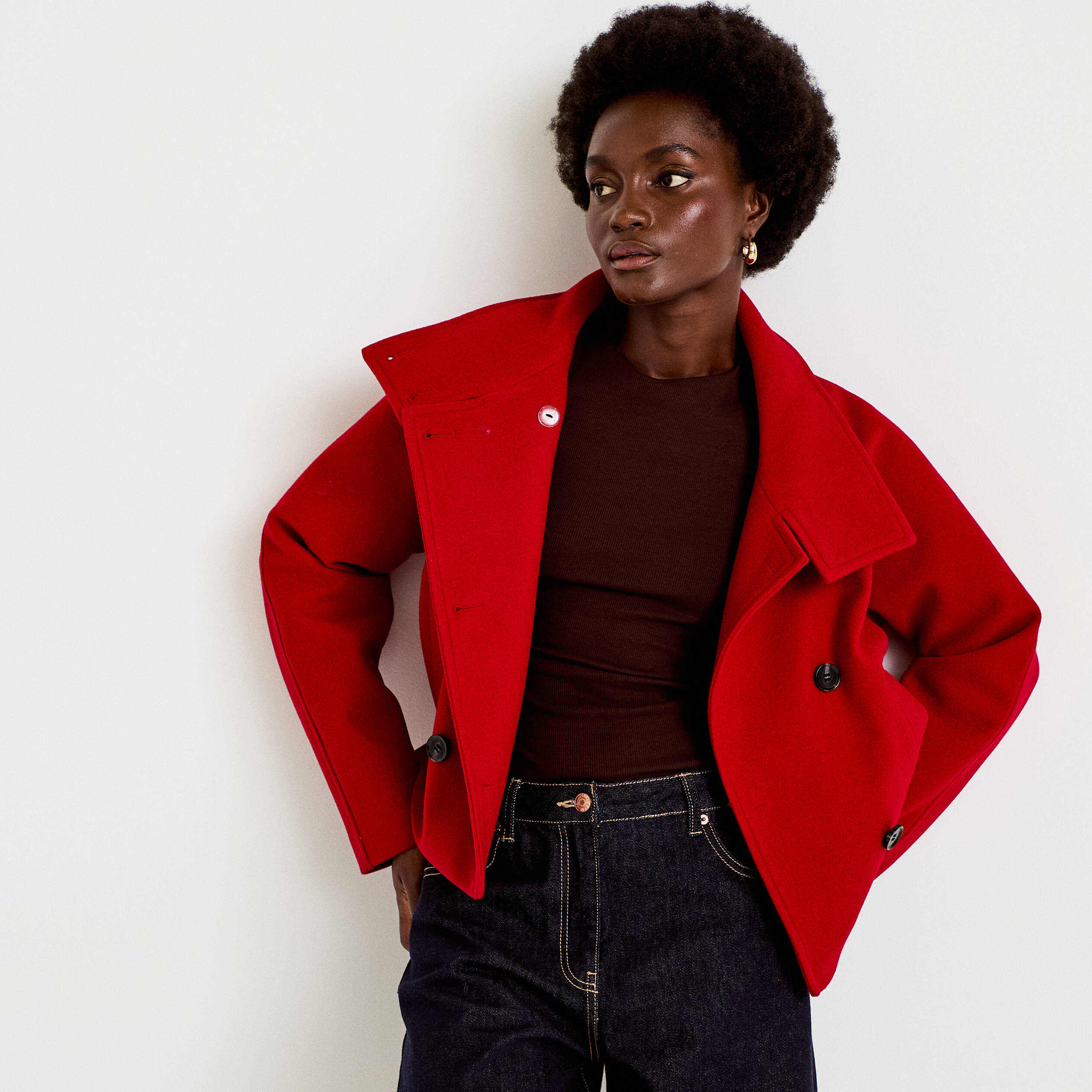 Veste chin&eacute;e col montant manches longues rouge femme