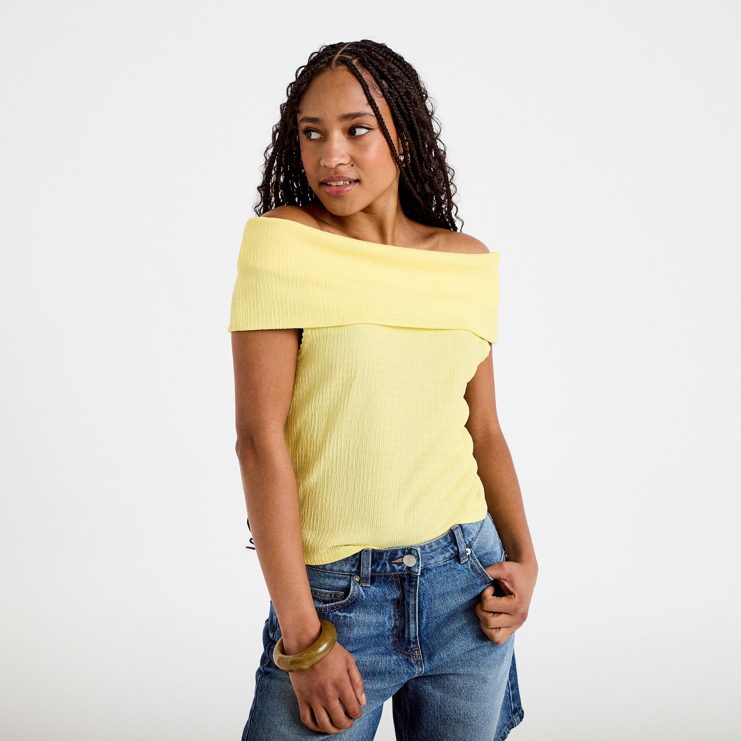 Top col bardot jaune pastel femme