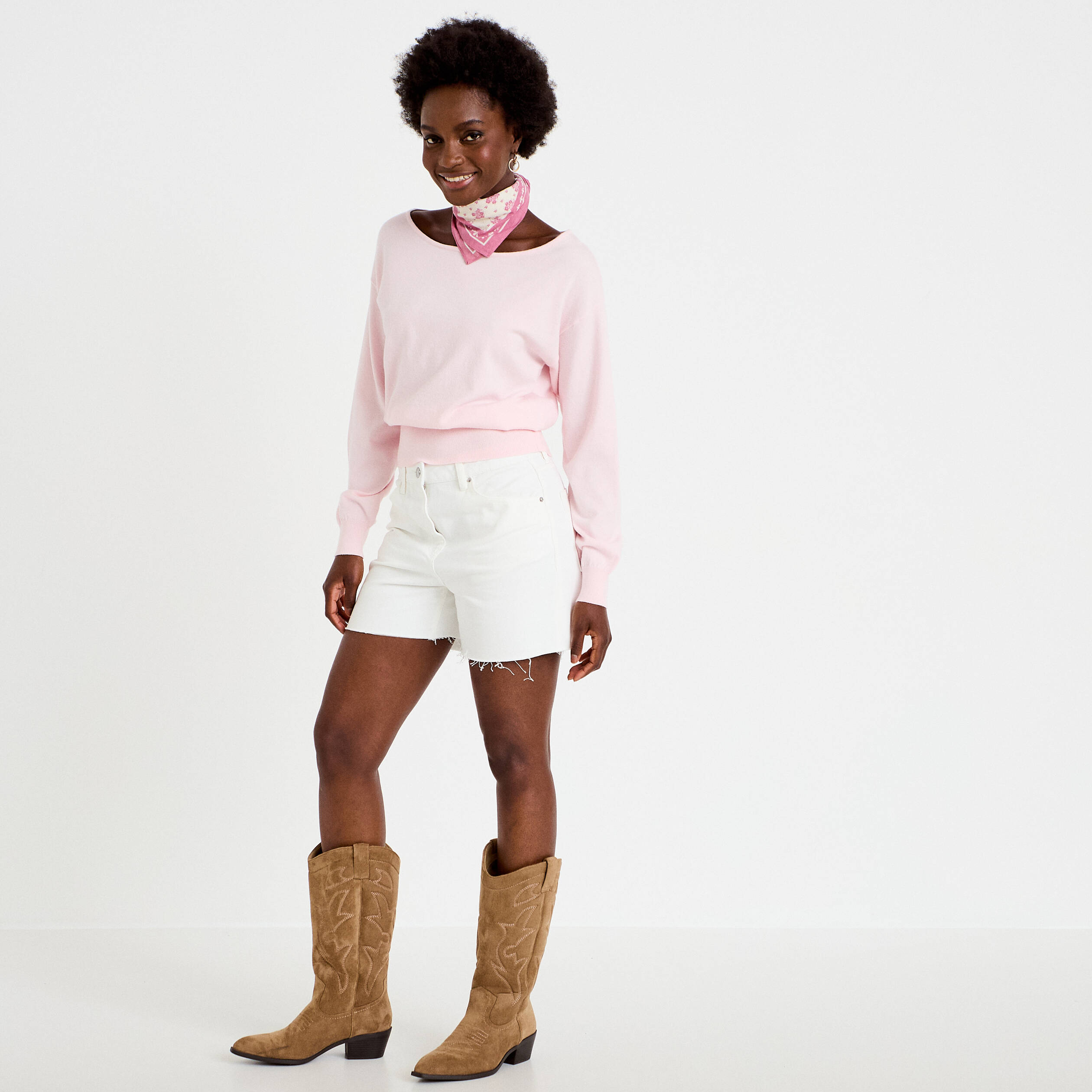Pull ample manches longues fin rose clair femme