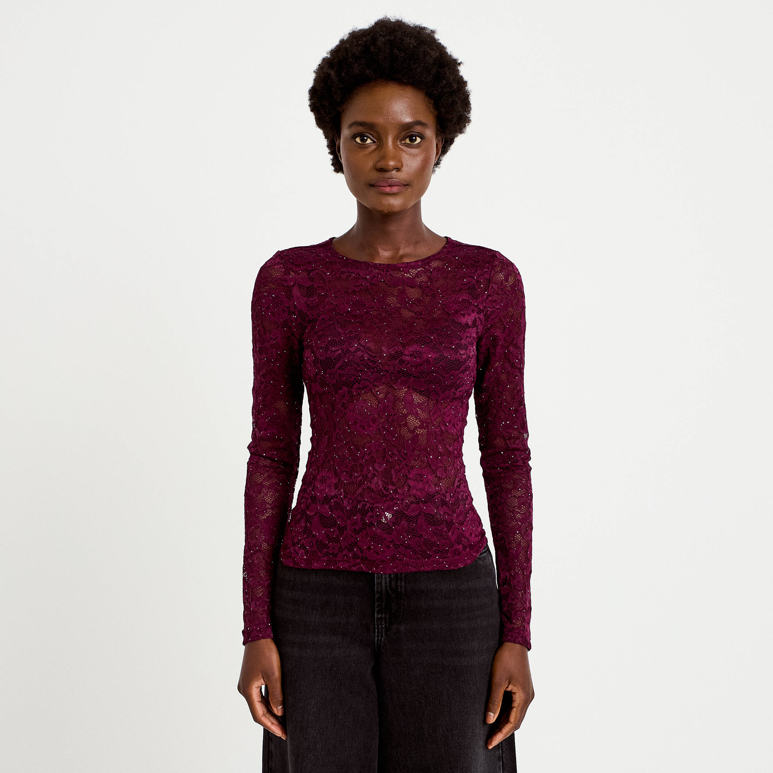 Top ajust&eacute; manches longues dentelle prune femme