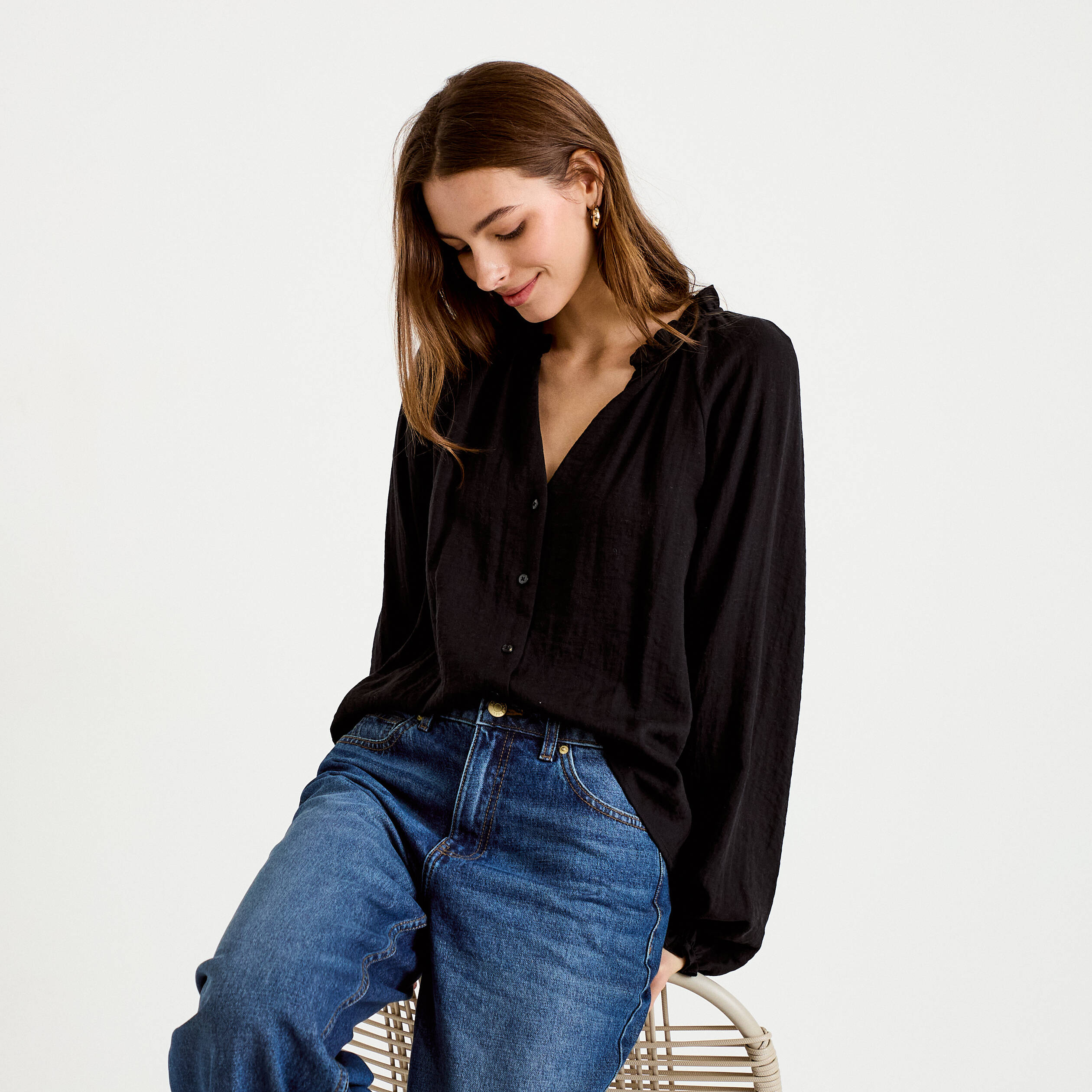 Blouse ample pliss&eacute;e manches longues noir femme