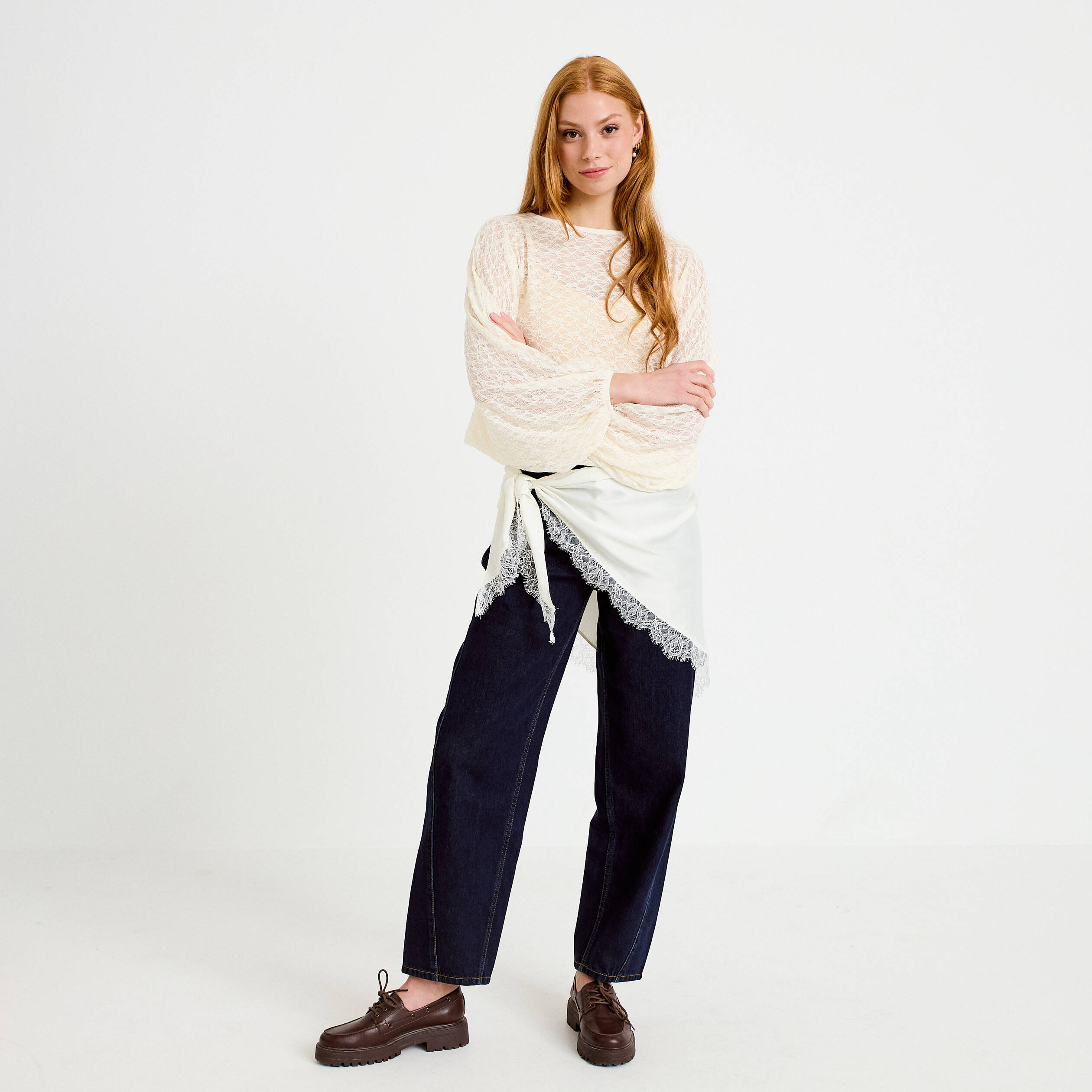 Blouse dentelle col rond manches longues ecru femme