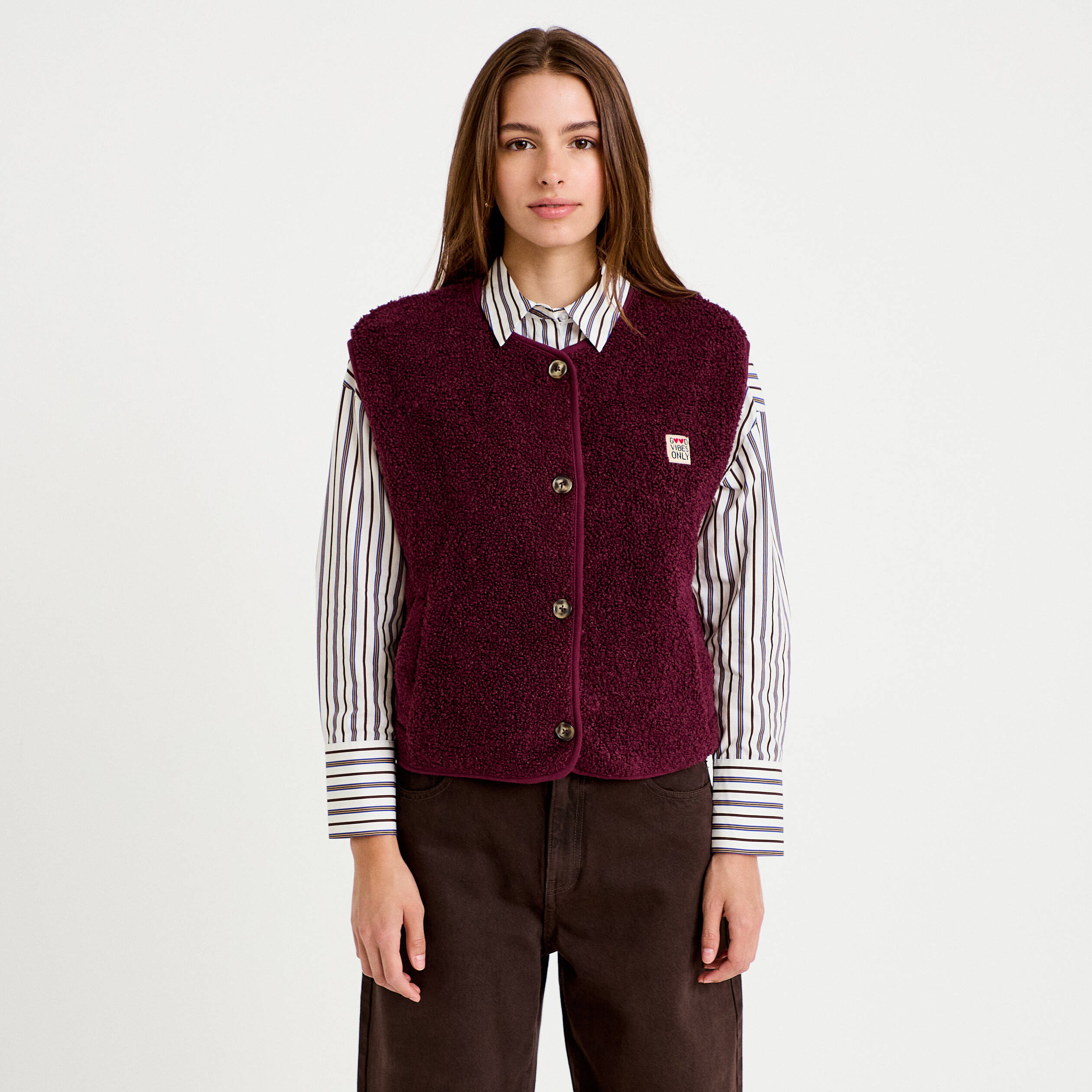 Gilet sans manches fausse fourrure prune femme