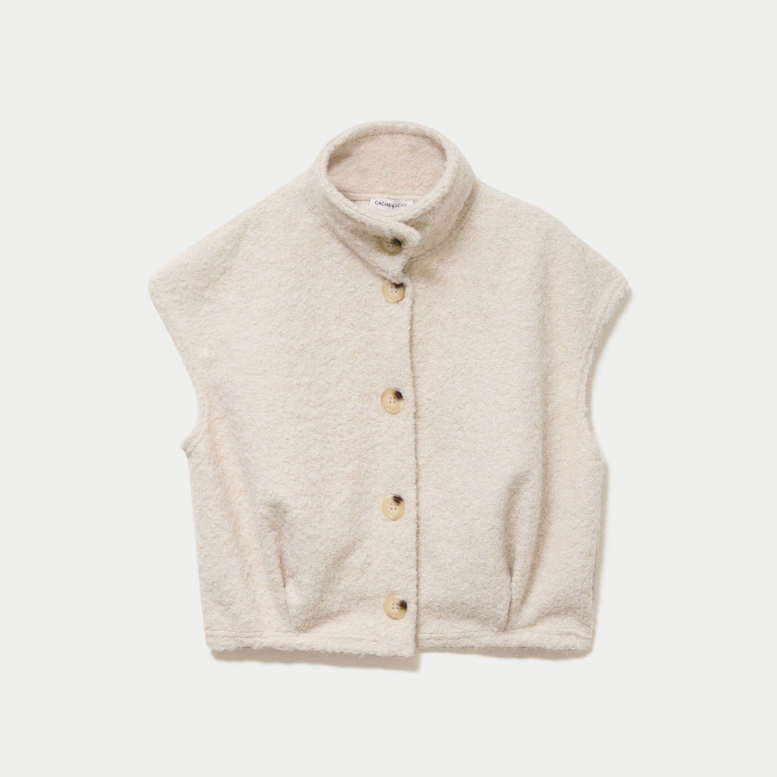 Veste bouclette sans manches col montant sable femme