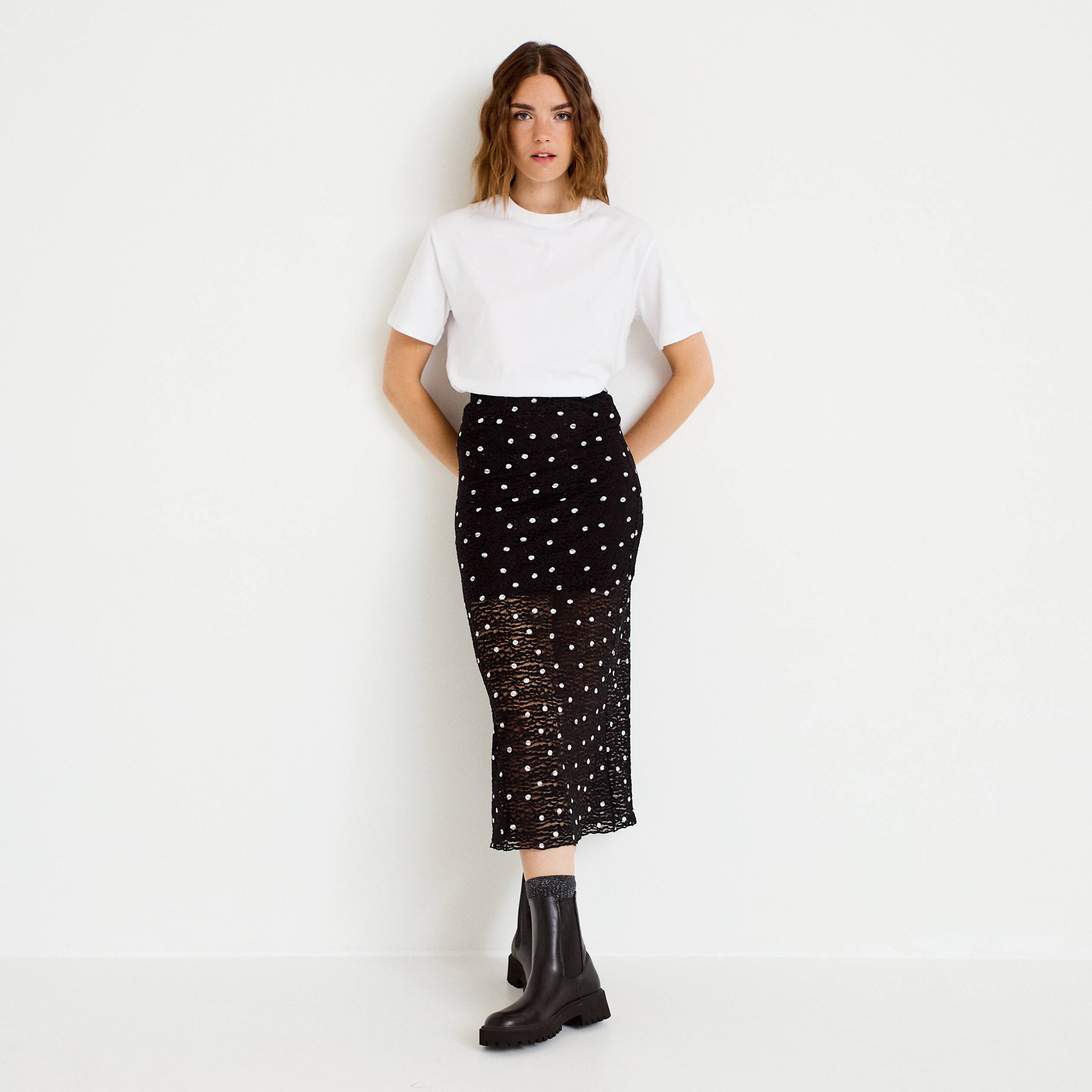 Jupe longue ajust&eacute;e en dentelle noir femme