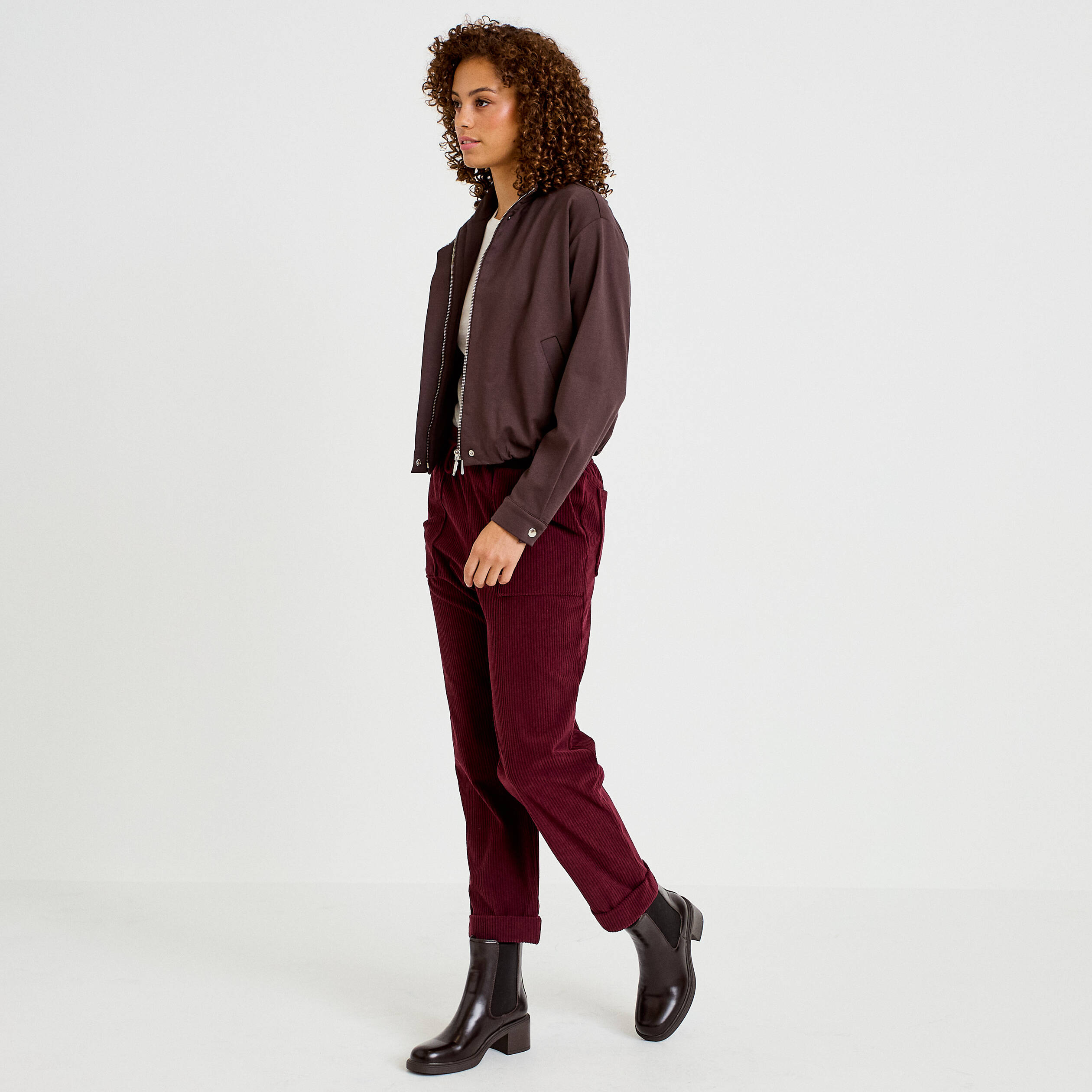Pantalon jogging velours bordeaux femme