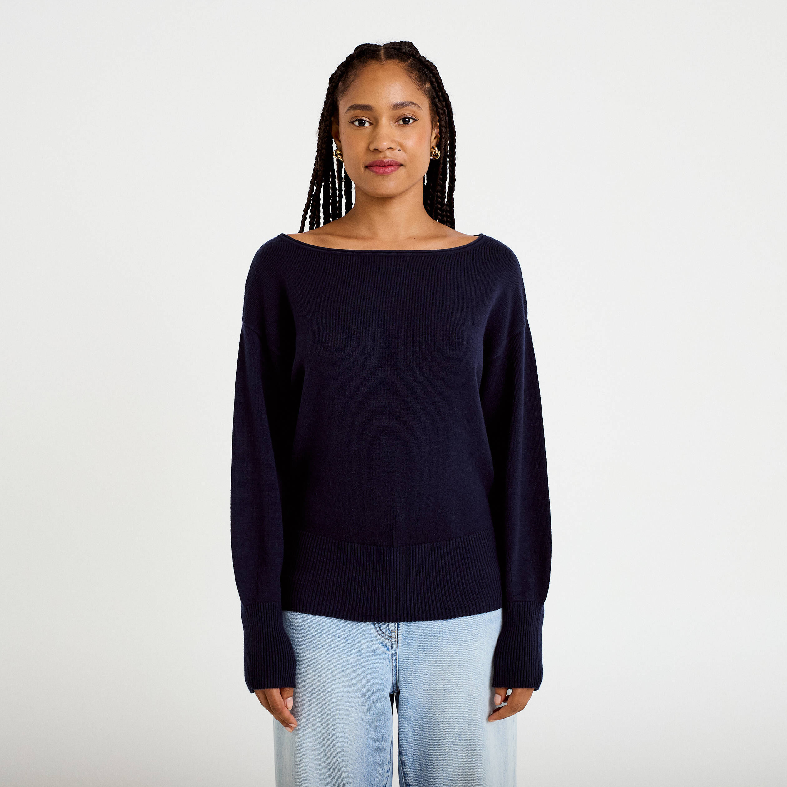 Pull oversize col bateau manches longues bleu marine femme