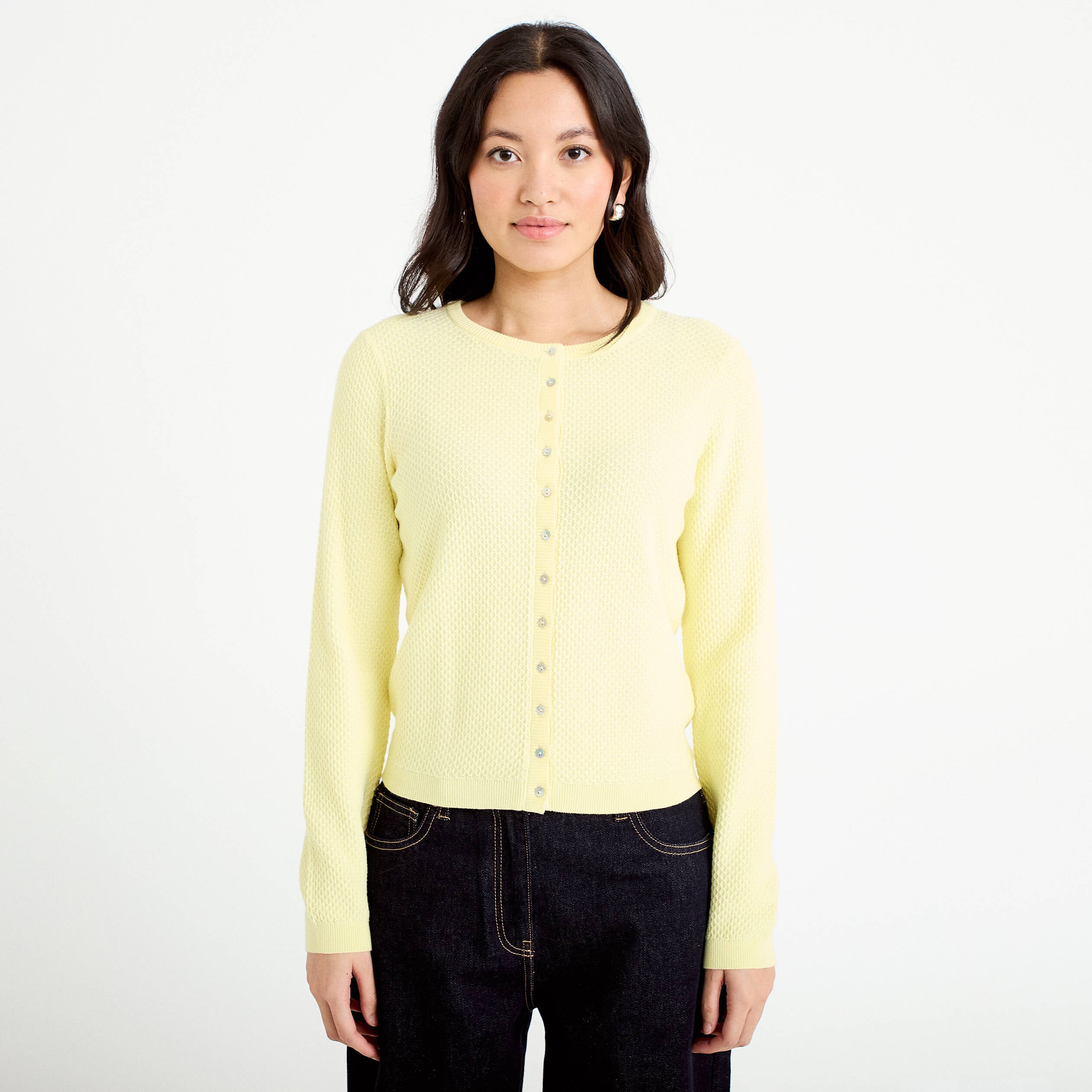 Gilet ajour&eacute; manches longues jaune clair femme