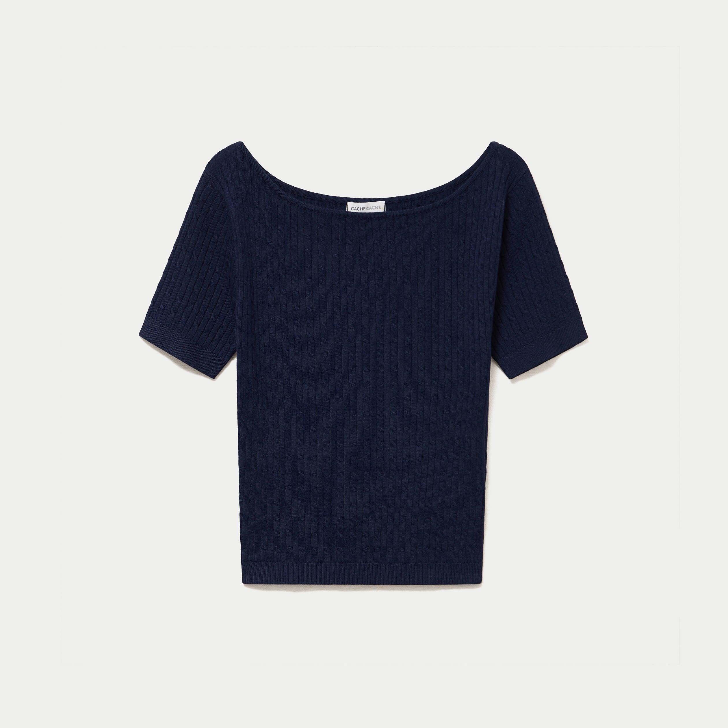 Pull ajust&eacute; court col bateau bleu marine femme