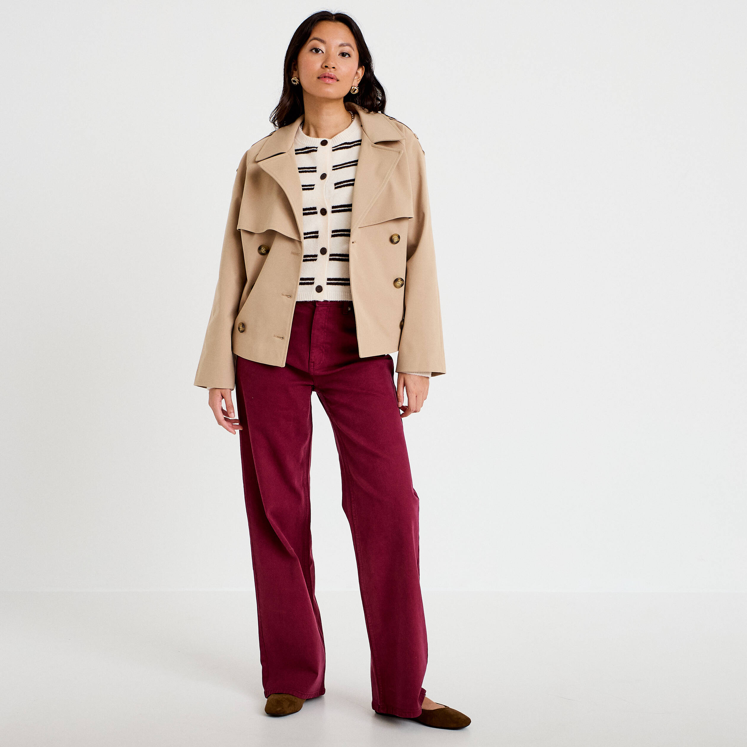 Trench droit manches longues beige femme