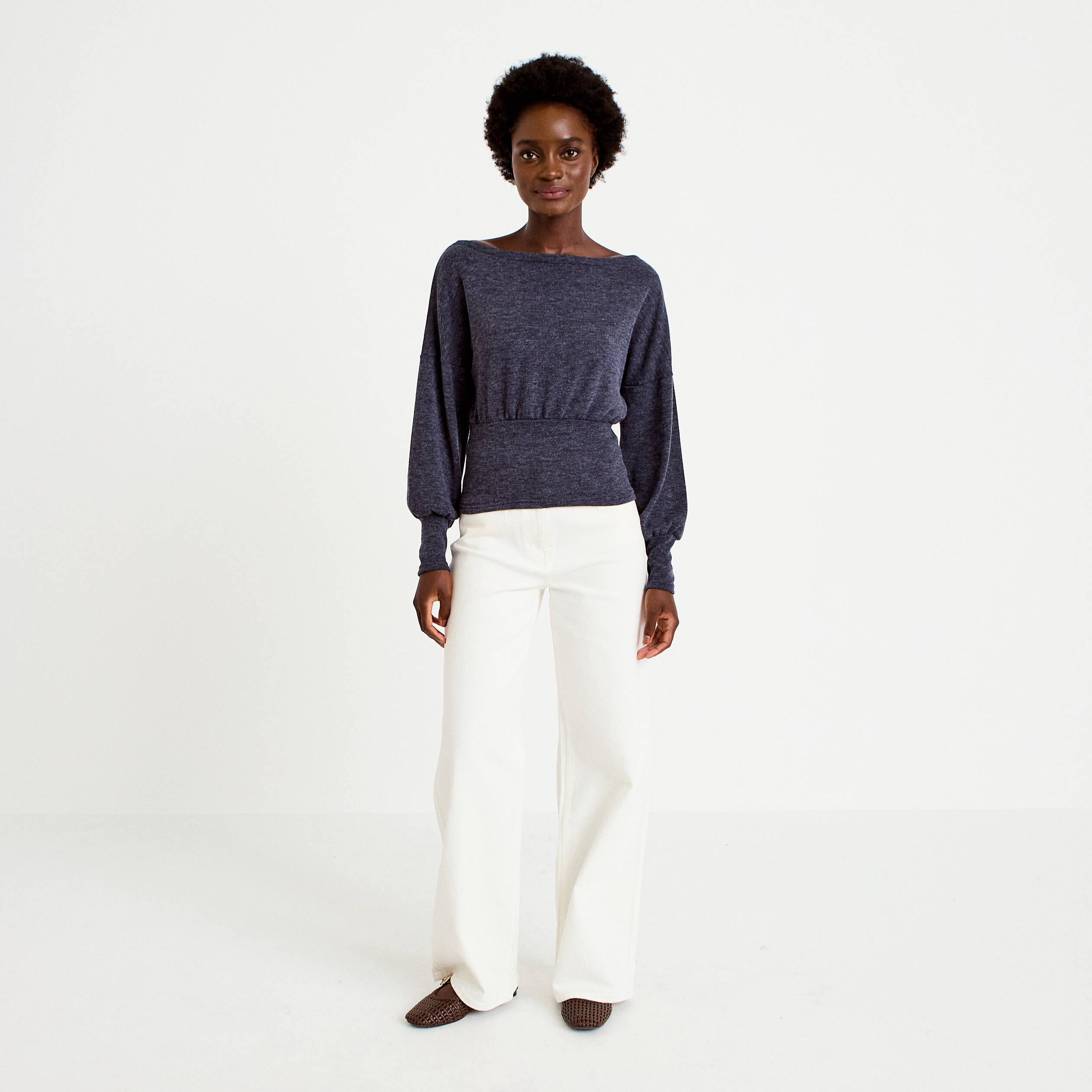 Pull col bateau manches longues bleu marine femme