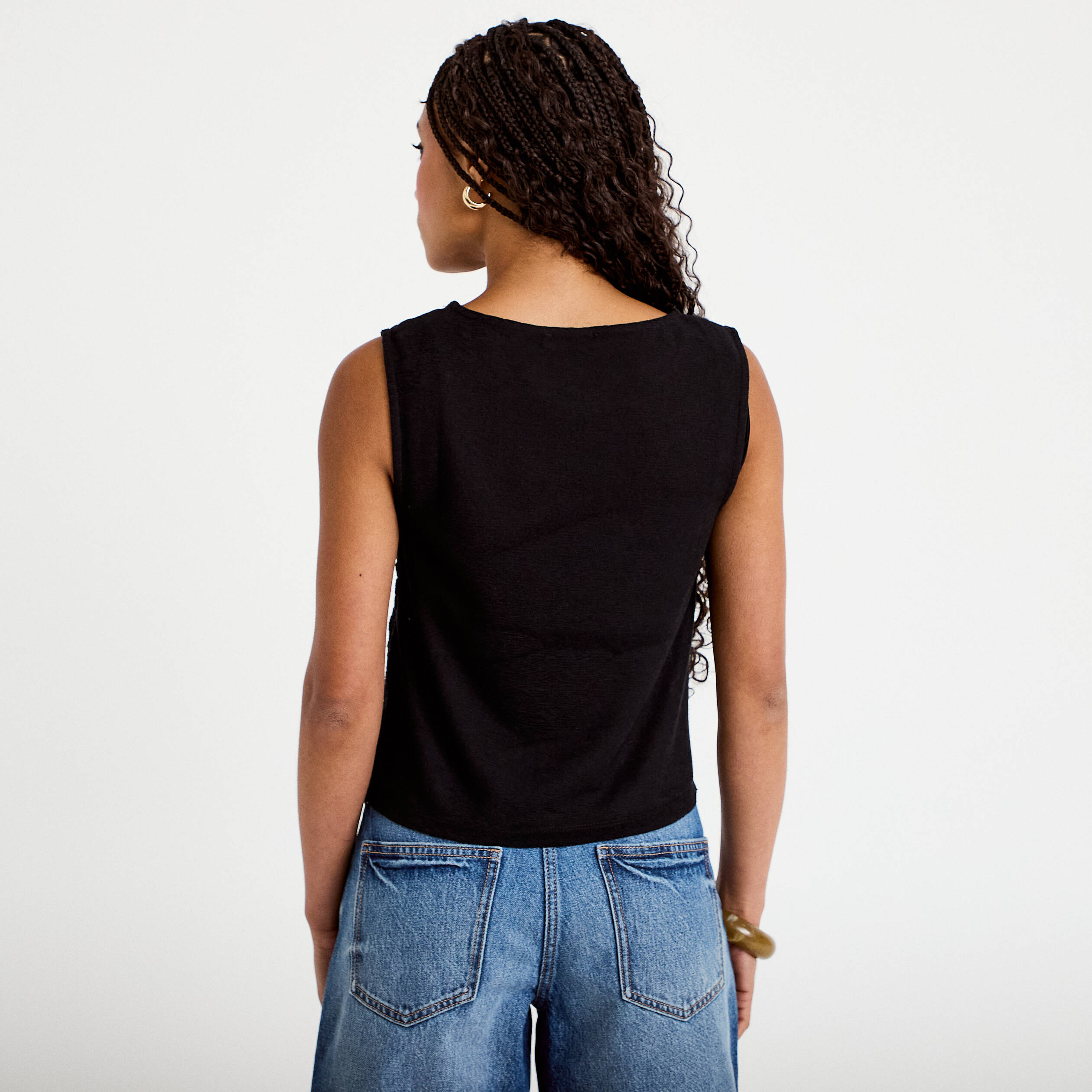 D&eacute;bardeur col rond aspect dentelle noir femme