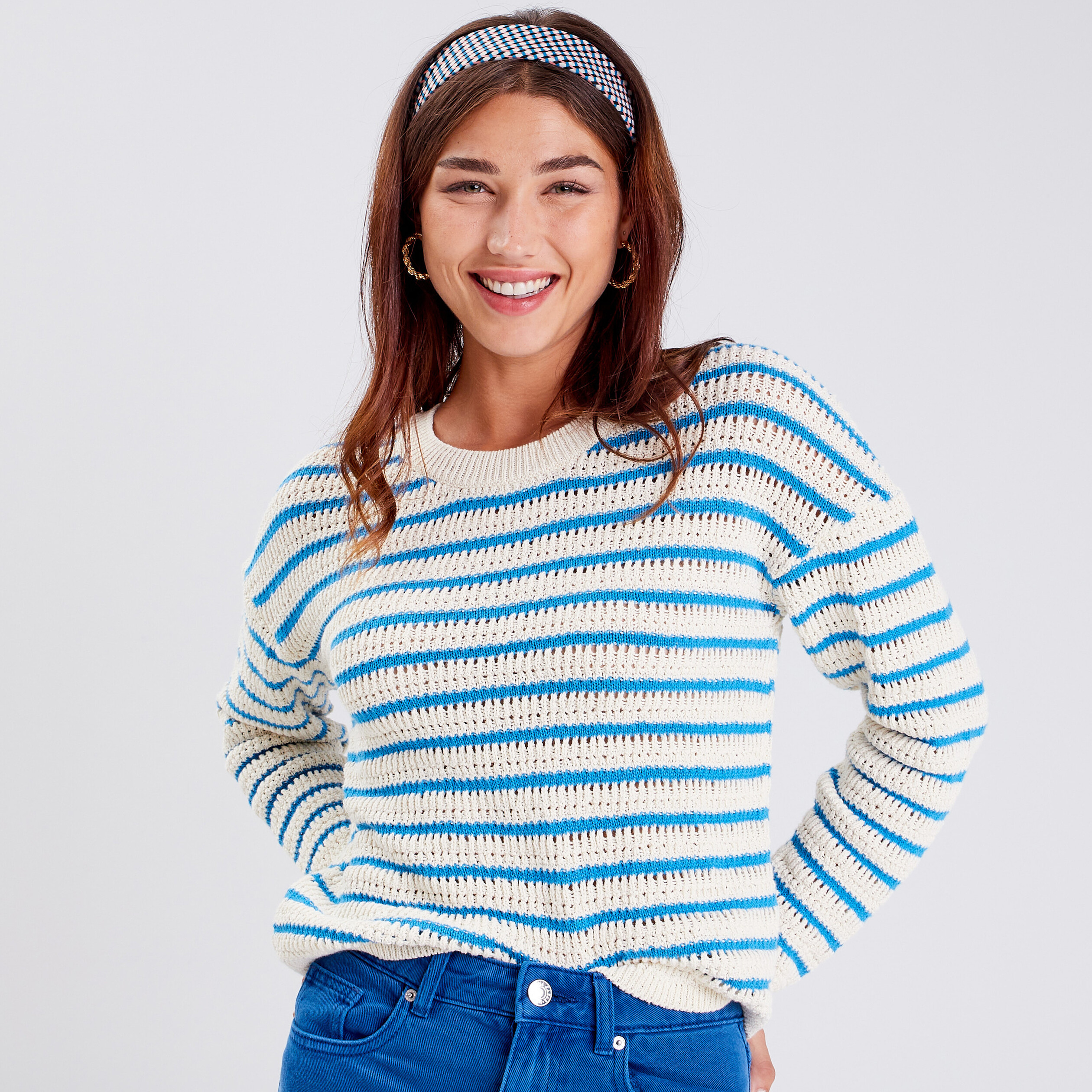 Pull Femme à Manches Longues - Col Rond Rayé - Matière Douce - Taille Ajustée