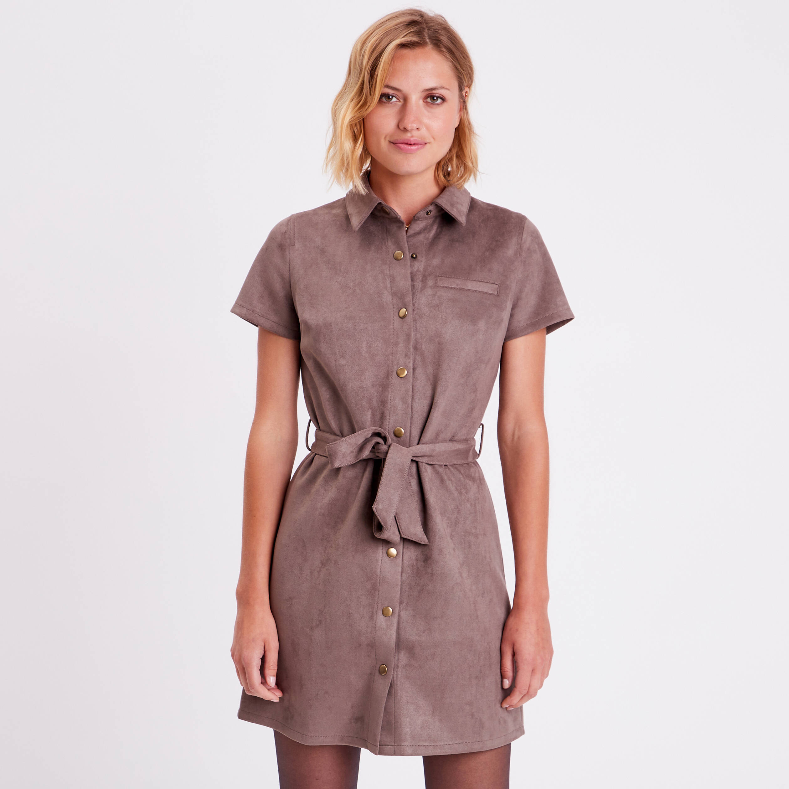 Robe droite ceintur&eacute;e su&eacute;dine taupe femme