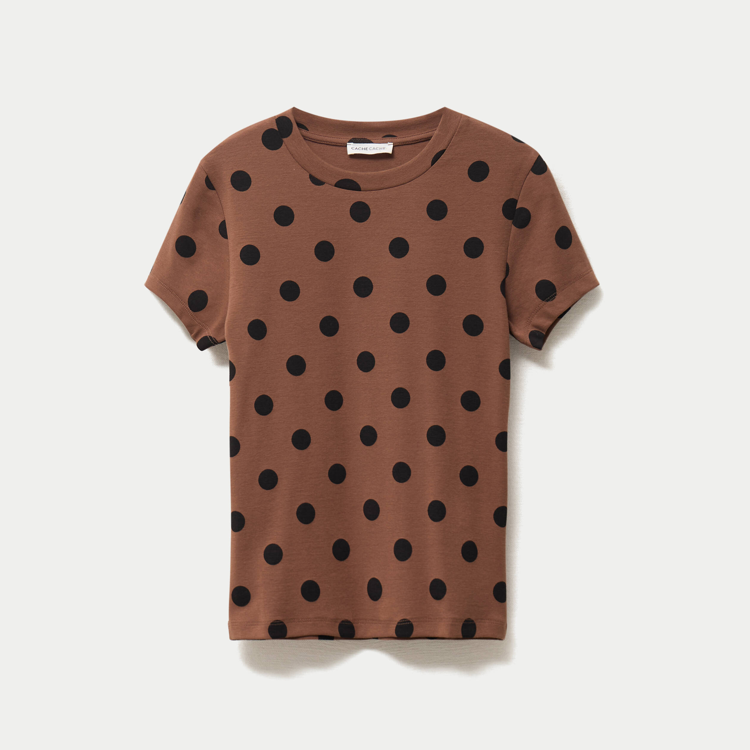 Top ajust&eacute; col rond manches courtes marron femme