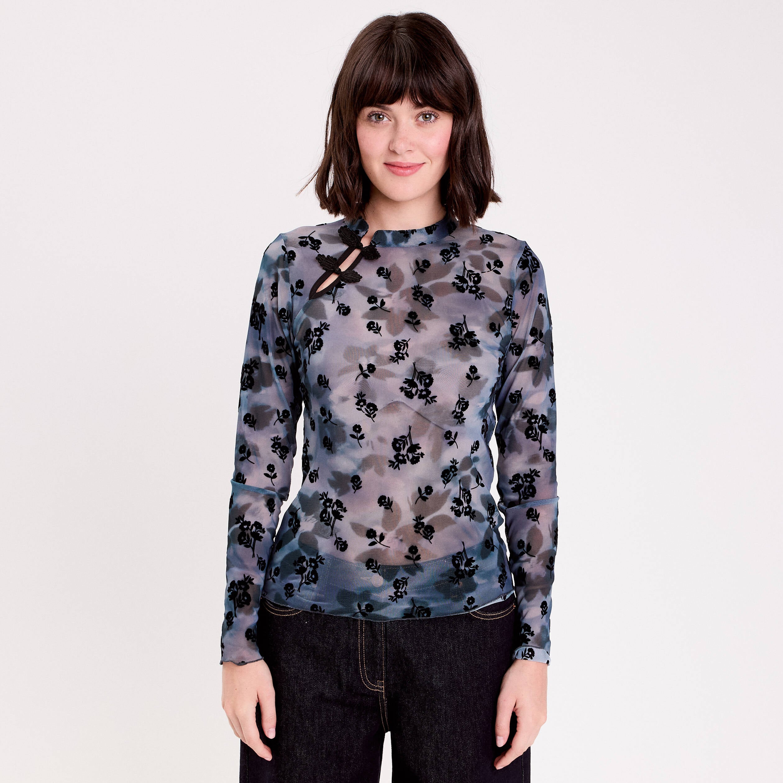 T-shirt col montant manches longues gris femme