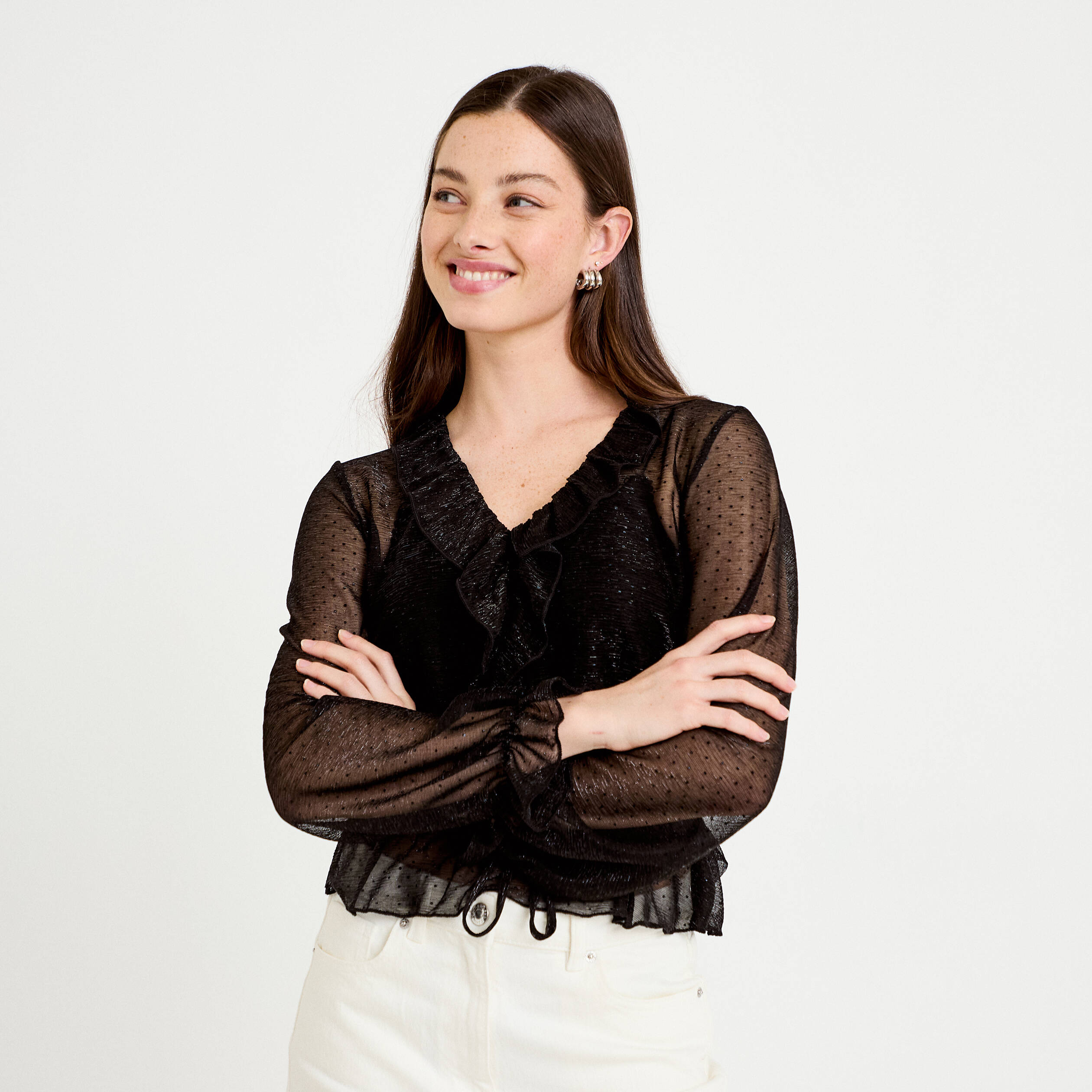 Blouse d&eacute;collet&eacute; manches longues gris argent femme