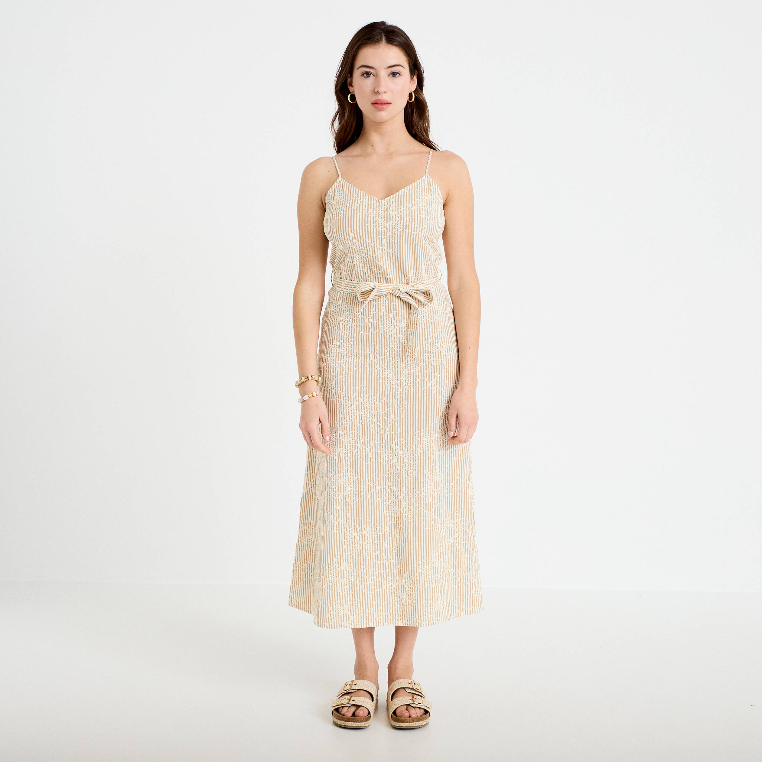 Robe droite 3/4 col v fines bretelles beige moyen femme