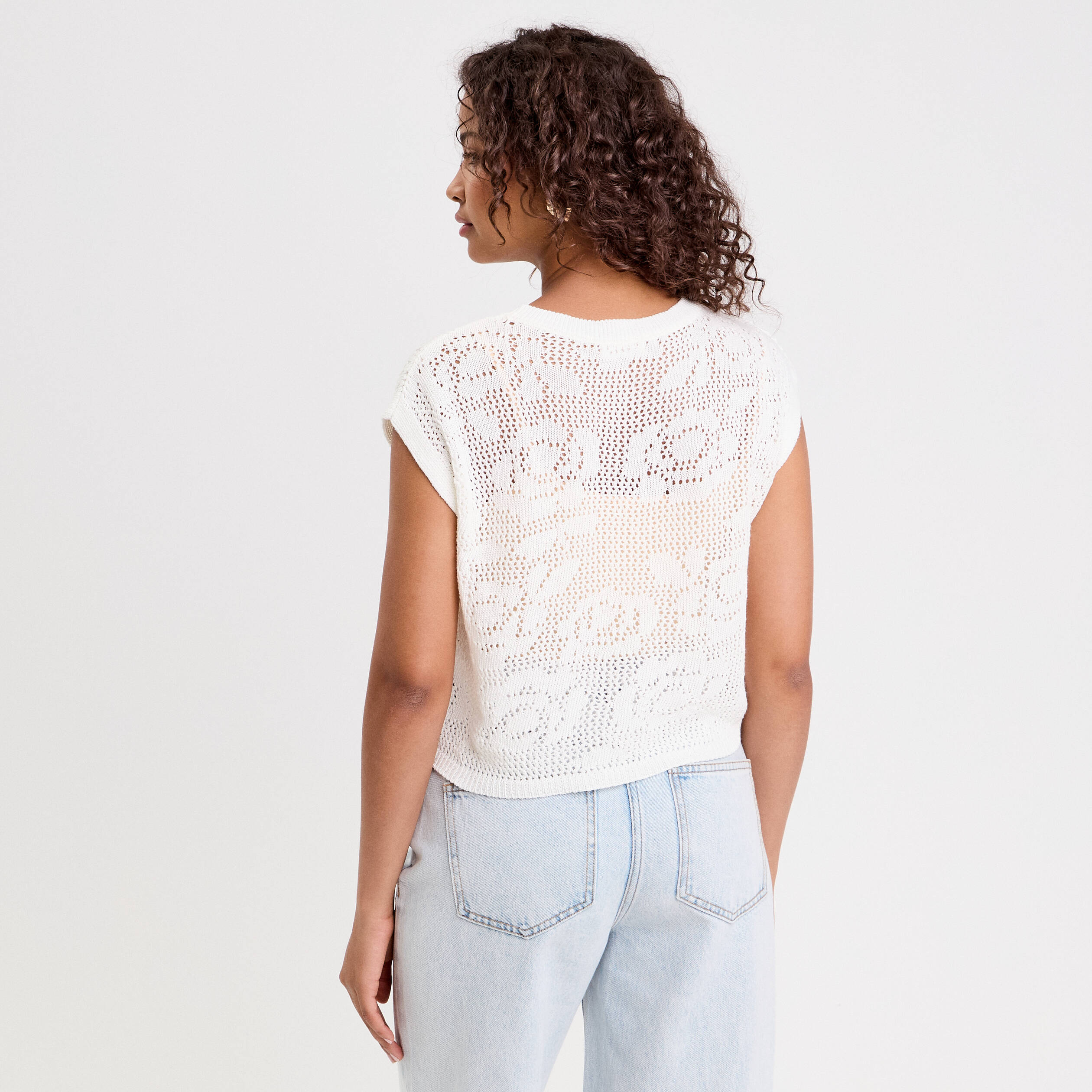 debardeur ajoure col rond sans manches blanc femme Débardeur ajouré col rond sans manches blanc femme